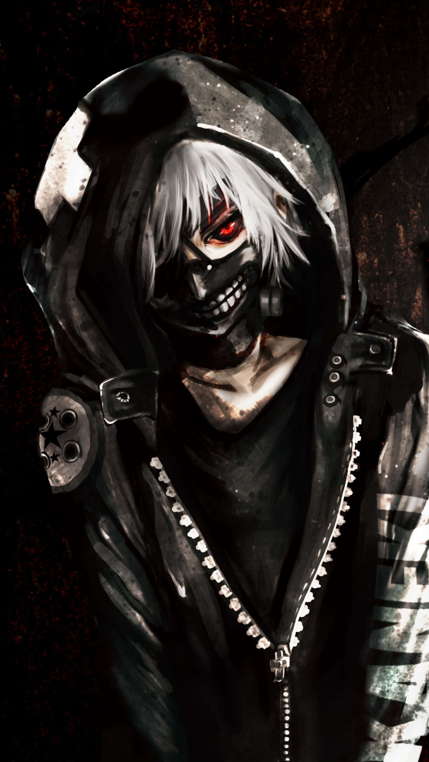Kaneki Phone 桌布 壁紙 — 一個帶有白髮、紅眼和黑色連帽外套的威脅性動漫角色，在深色紋理背景前強烈凝視。