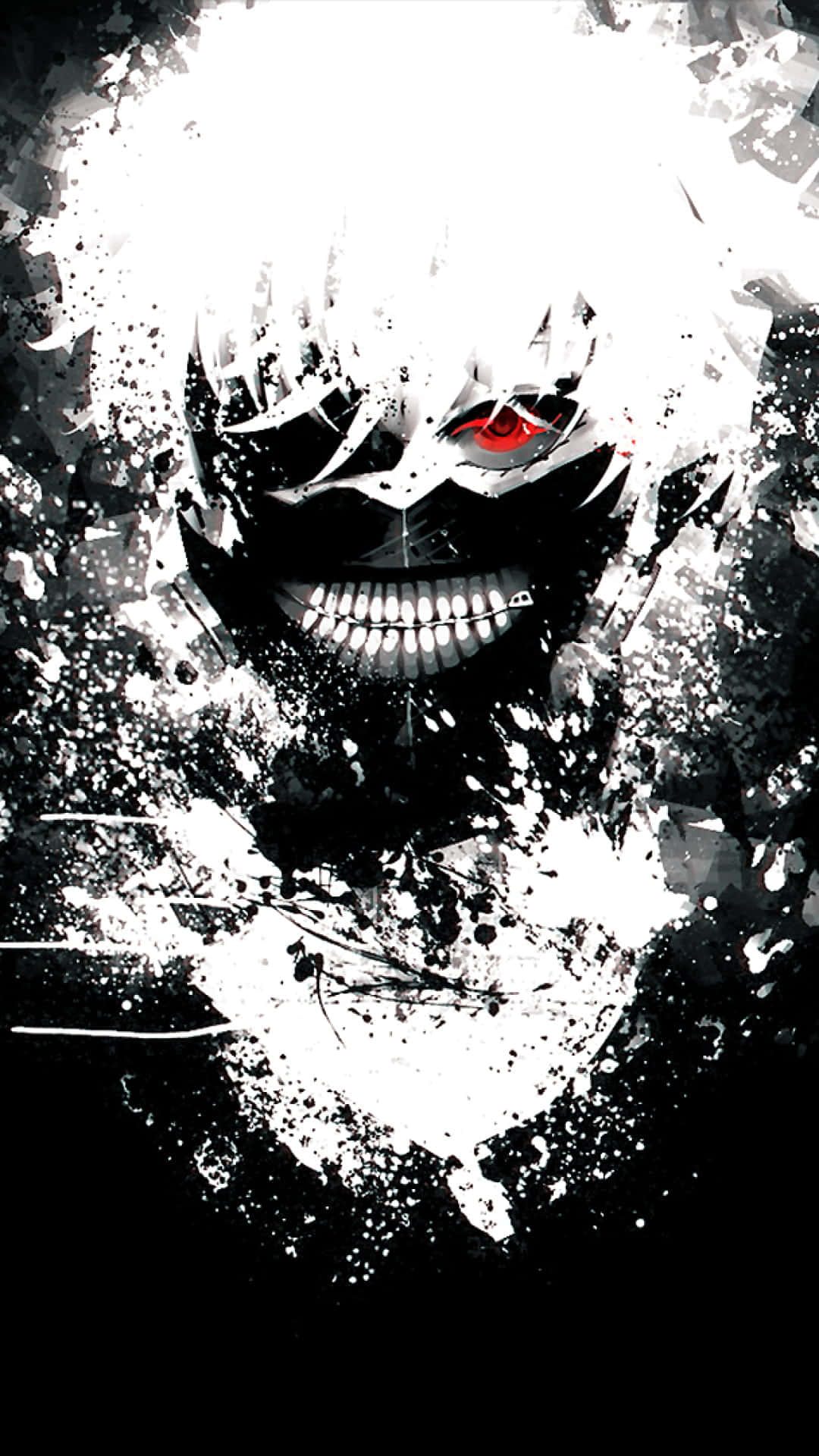 Kaneki's Mask 桌布 壁紙 — 一個帶有白髮和一隻發光紅眼的威嚇性動漫角色，衝破混亂的黑白飛濺背景。