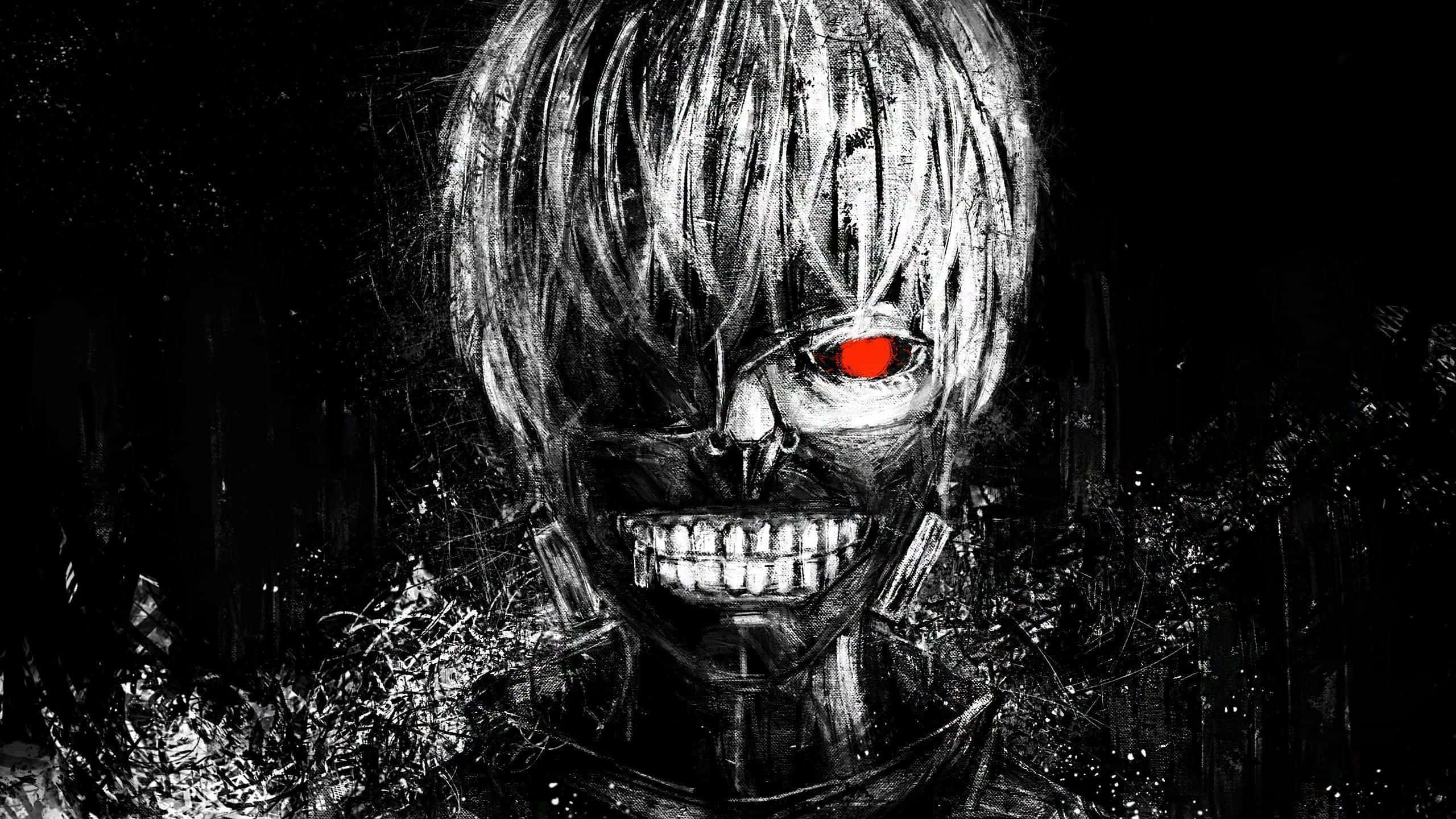Kaneki's Mask 桌布 壁紙 — 一個帶有白髮和一隻發光紅眼的威嚇性動漫角色，在黑暗紋理背景前強烈凝視。