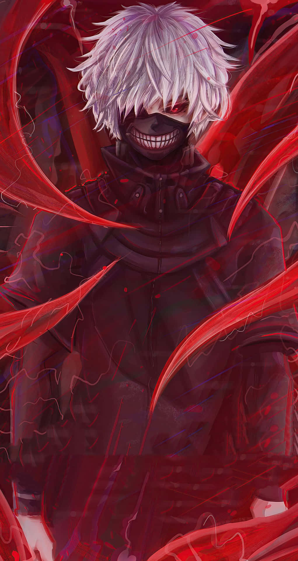 Kaneki Phone 桌布 壁紙 — 一個帶有白髮和咧嘴笑的可怖動漫角色，在黑暗背景中被旋轉的紅色能量包圍。
