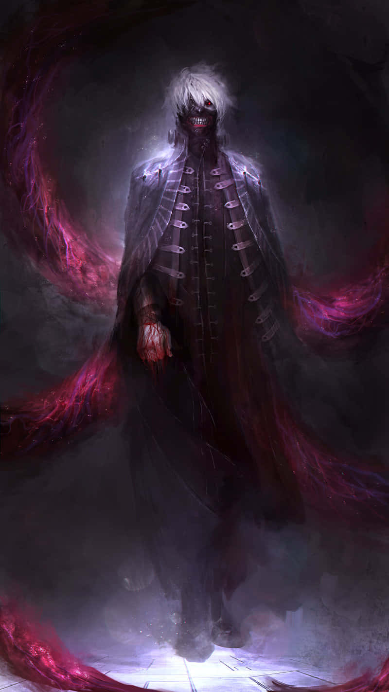 Urban Fantasy 桌布 壁紙 — 一個帶有白髮和發光紅眼的威嚇性動漫風格人物，站在黑暗、旋轉的深紅色光環中，穿著帶有銀色扣子的黑色長外套。