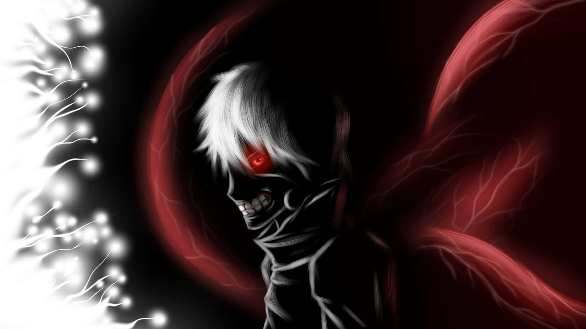 Ken Kaneki 桌布 壁紙 — 一個帶有白髮和發光紅眼的威脅性動漫角色，站在黑暗背景前，周圍有紅色能量和白色電火花。