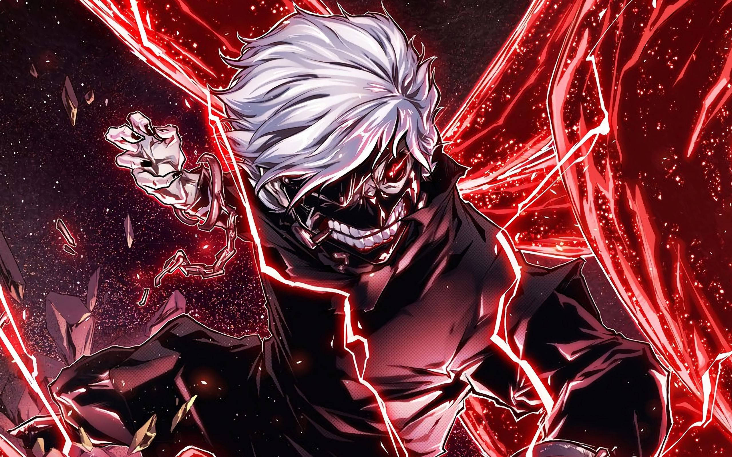 Ken Kaneki 桌布 壁紙 — 一個帶有白髮和發光紅眼的威脅性動漫角色，在黑暗的宇宙背景下釋放出噼啪作響的紅色能量。