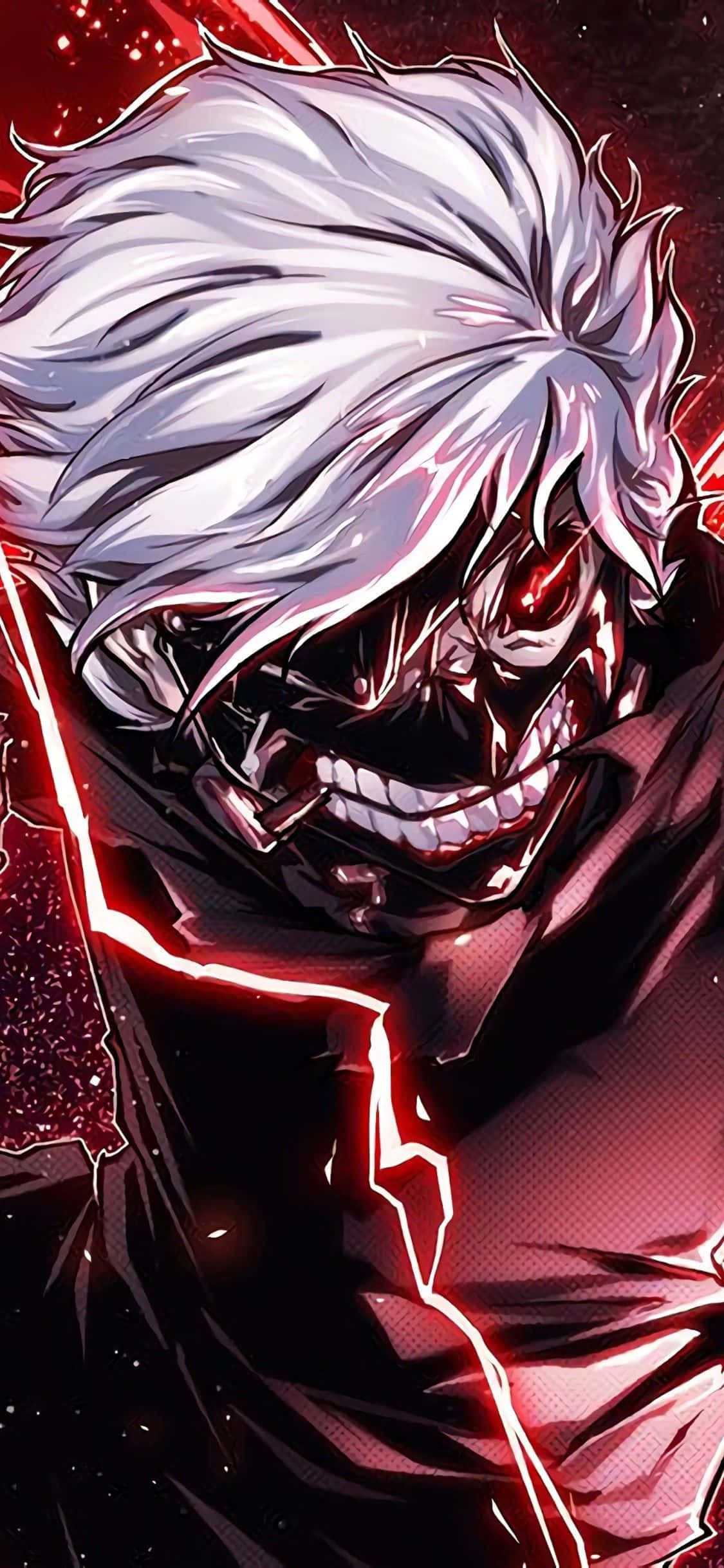 Kaneki Phone 桌布 壁紙 — 一個帶有白髮和發光紅眼的威脅性動漫角色，在暗紅色宇宙背景中噼啪作響地釋放電能。