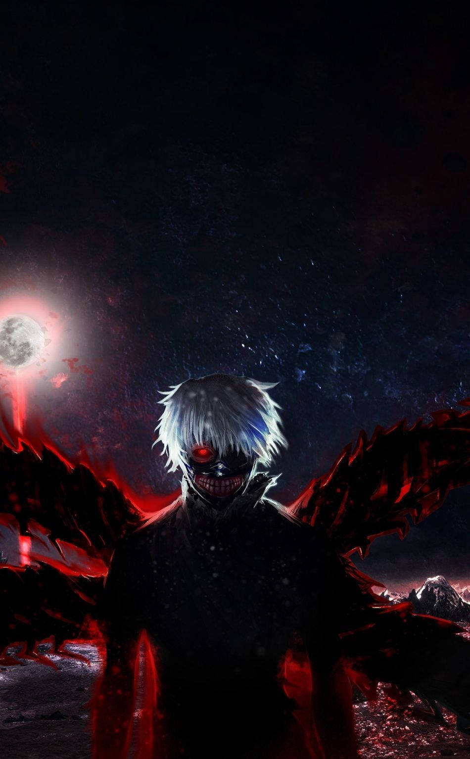 Crazy Anime Boy 桌布 壁紙 — 一個帶有白髮和紅眼的威嚇動漫角色，站在黑暗的宇宙背景前，背景有發光的月亮和火焰翅膀。