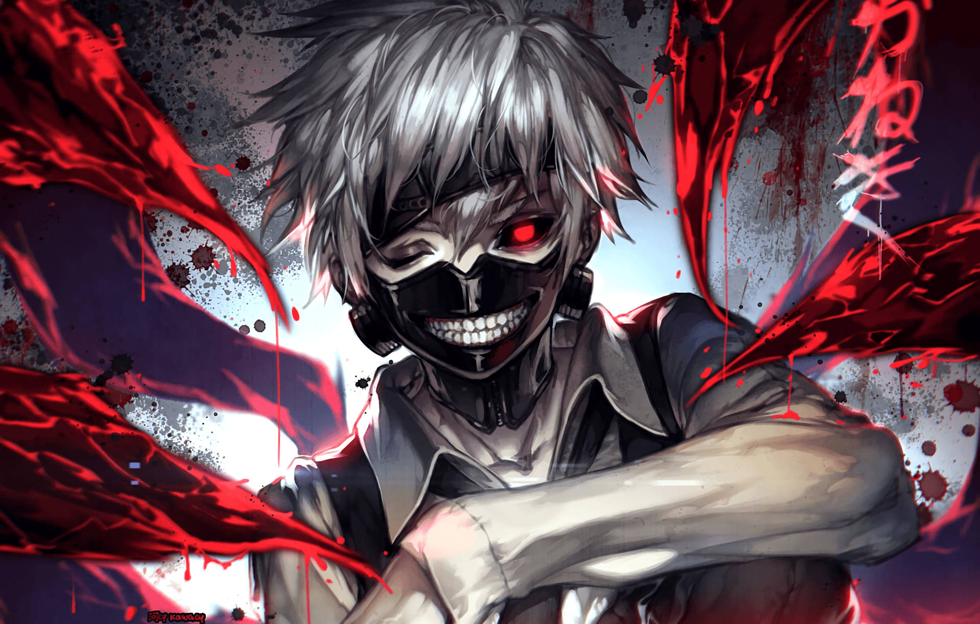 Creepy Anime 桌布 壁紙 — 一個帶有白髮和紅眼的威脅性動漫角色在黑暗的飛濺背景前冷笑，紅色血狀能量在他周圍旋轉。