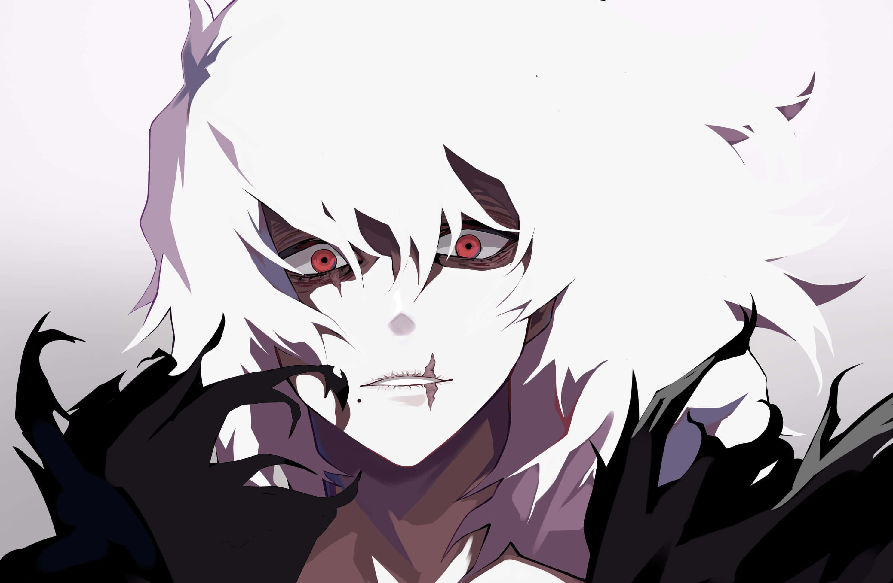 My Hero Academia Aesthetic 桌布 壁紙 — 一個帶有白髮和紅眼的威脅性動漫角色，在蒼白的背景下強烈凝視。
