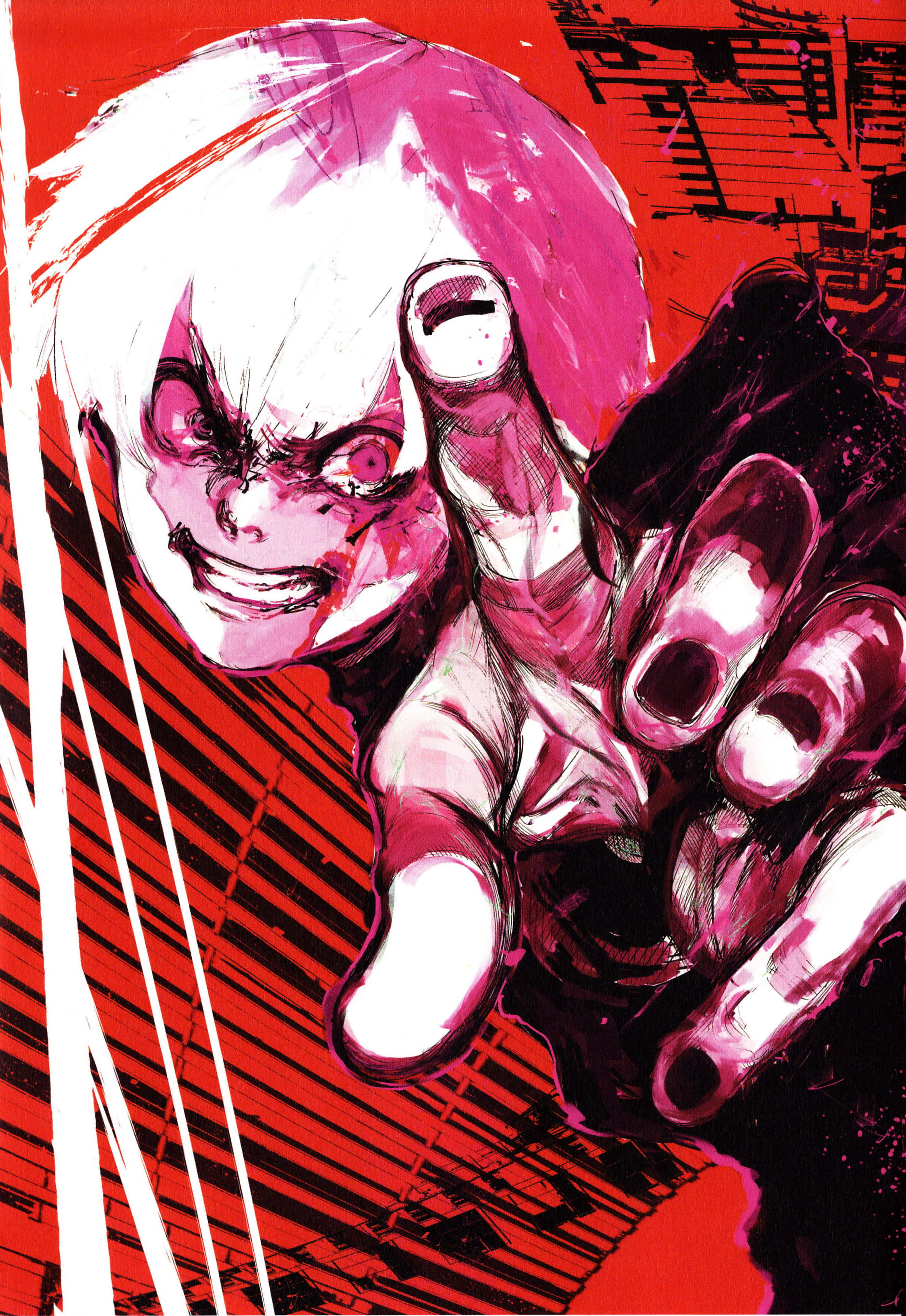 Sui Ishida 桌布 壁紙 — 一個帶有白髮和紅眼的威脅性動漫角色，在混亂的紅黑背景前伸出一隻血淋淋的手。