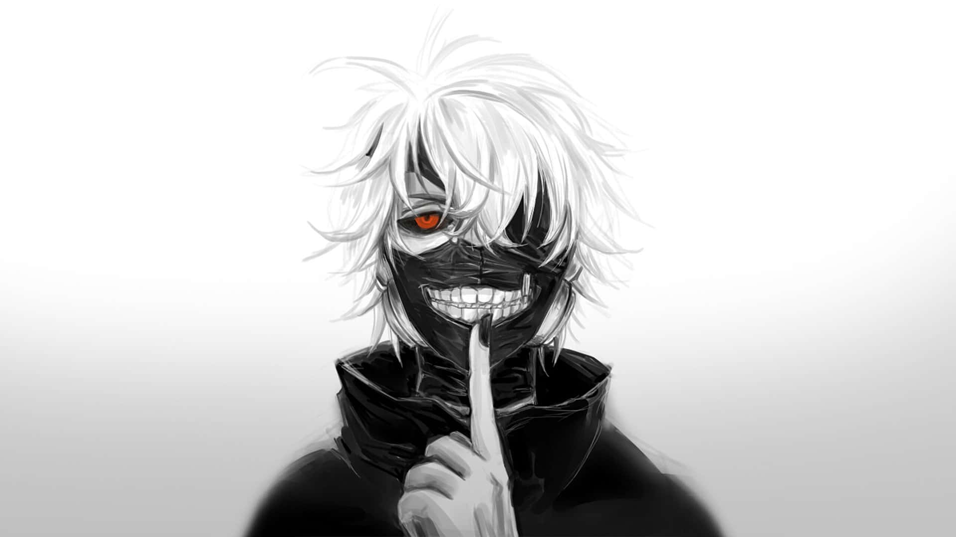 東京喰種 桌布 壁紙 — 一個帶有白髮和紅眼的威脅性動漫角色，戴著黑色面具，在純白背景前將手指放在嘴唇上。