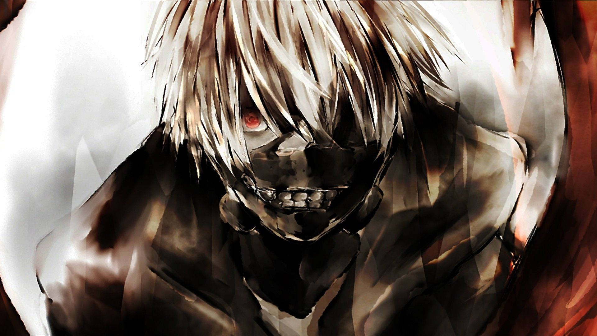 動漫男孩 桌布 壁紙 — 一個帶有白髮和紅眼的威脅性動漫角色，在煙霧繚繞的背景中凝視著。