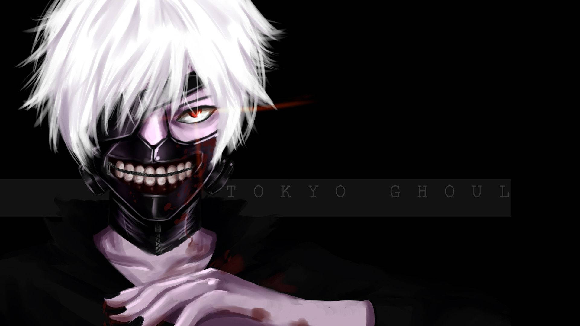 Scary Anime Boy 桌布 壁紙 — 一個帶有白髮和血跡面具的威脅性動漫角色，在黑色背景下強烈凝視。