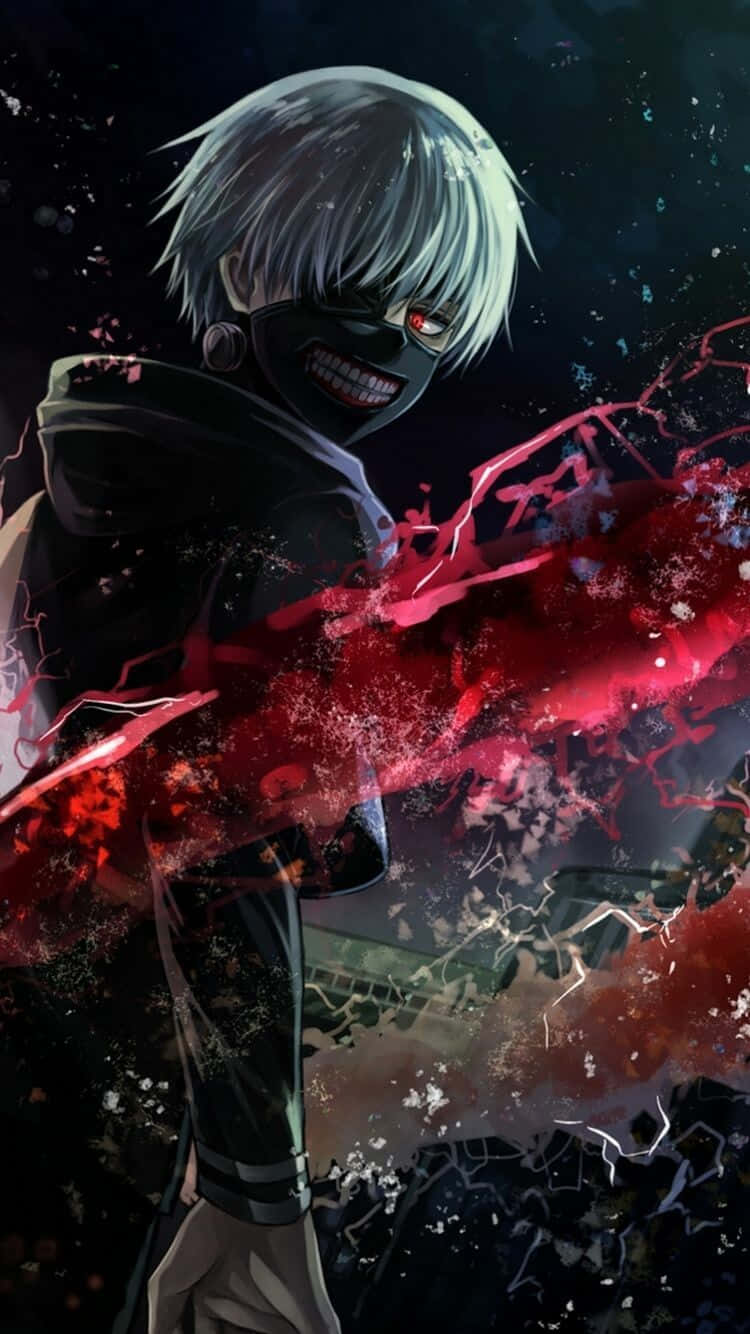 Ken Kaneki 桌布 壁紙 — 一個帶有白髮和黑色面具的威脅性動漫角色，在黑暗背景中微笑，周圍環繞著紅色能量。