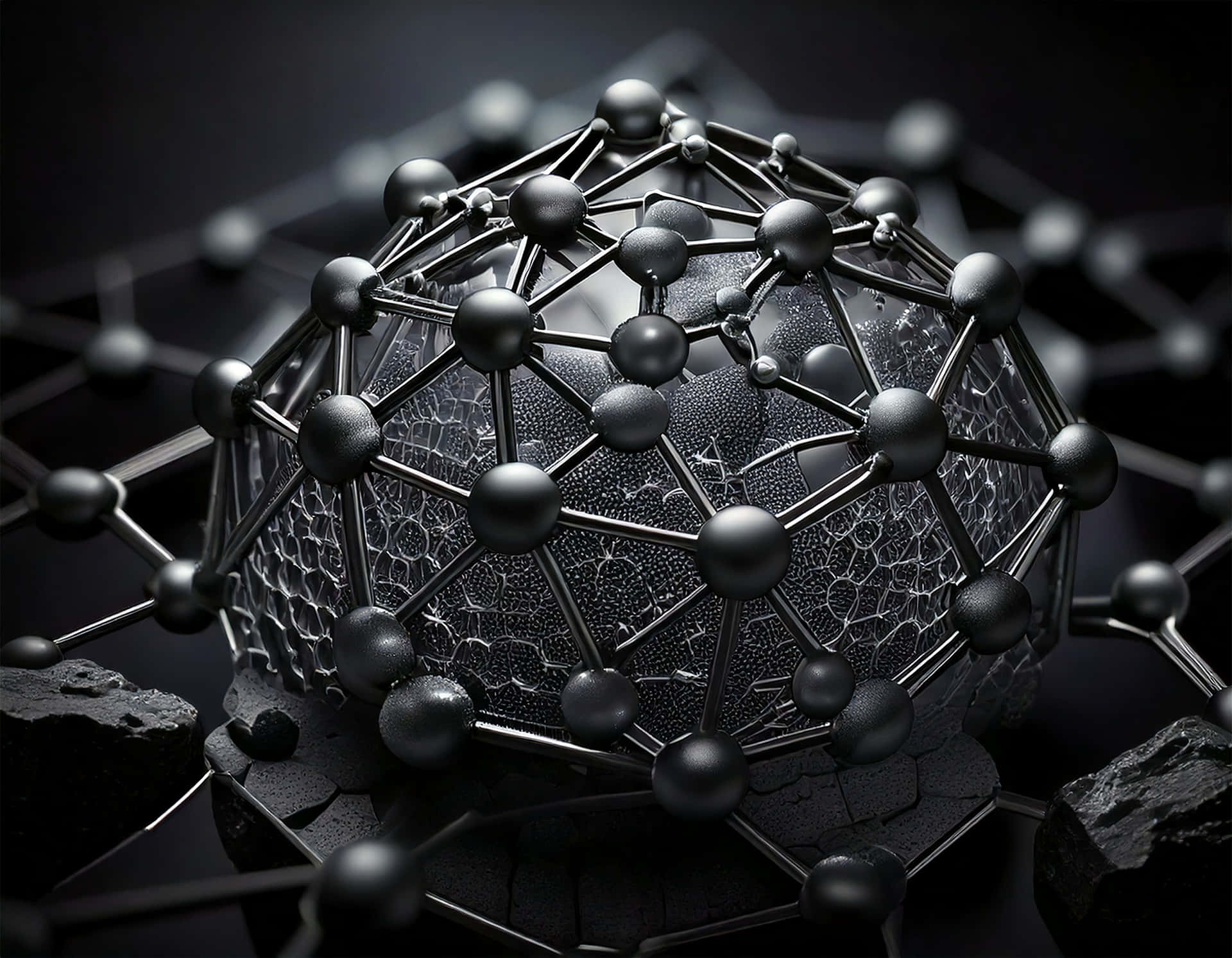 Carbon Structure 壁紙 — 一個帶有相互連接節點和桿的金屬測地線球體，放置在裂開的黑曜石狀岩石上，背景為深色。