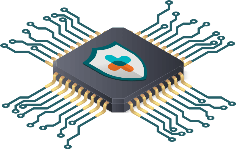 Processor 桌布 壁紙 — 一個帶有盾牌標誌的3D渲染微晶片在黑色背景上發光，並帶有青綠色電路。