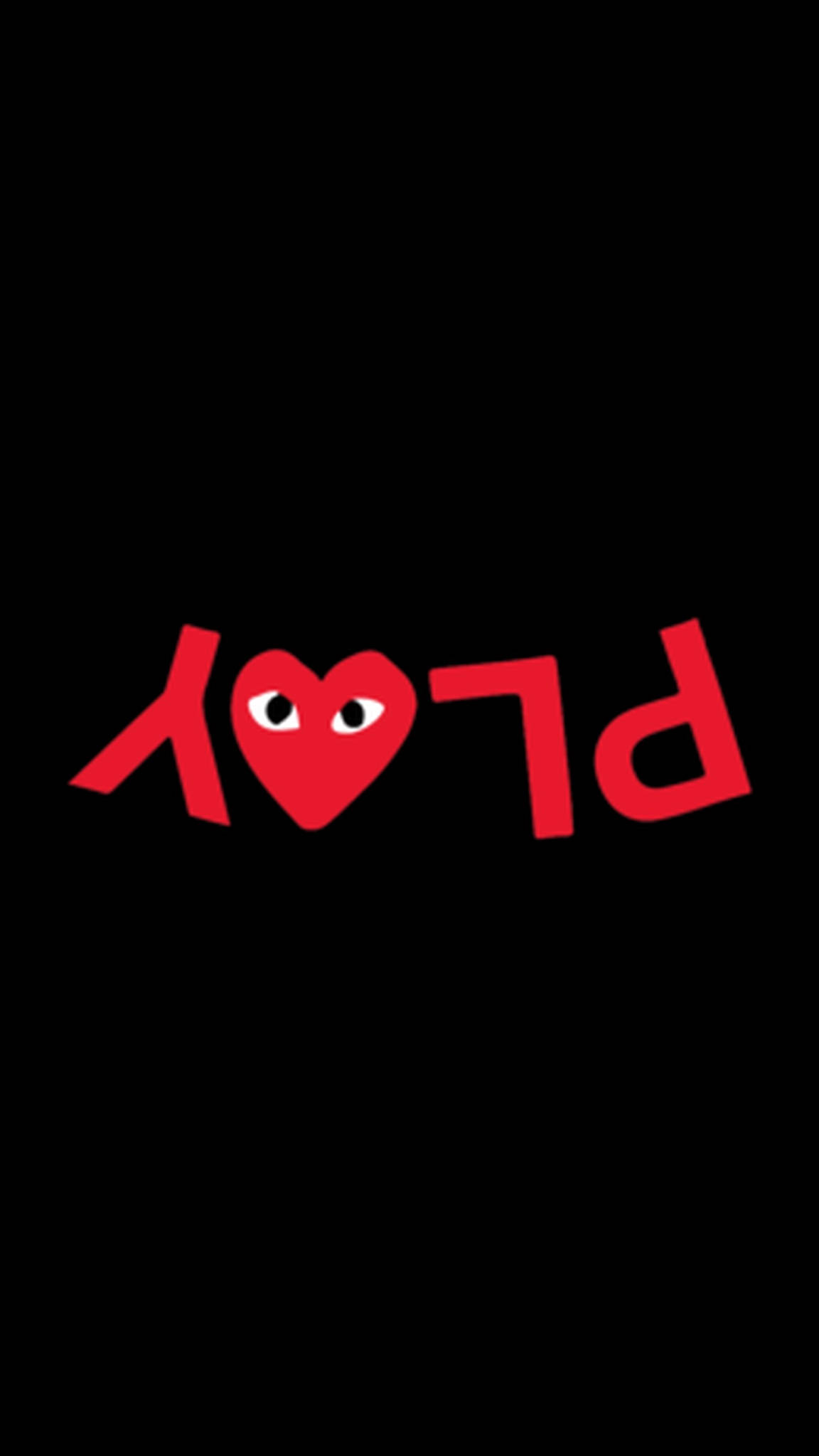 cdg 桌布 壁紙 — 一個帶有眼睛的醒目紅色心形取代了「PLAY」一詞中的「o」，背景為純黑色。