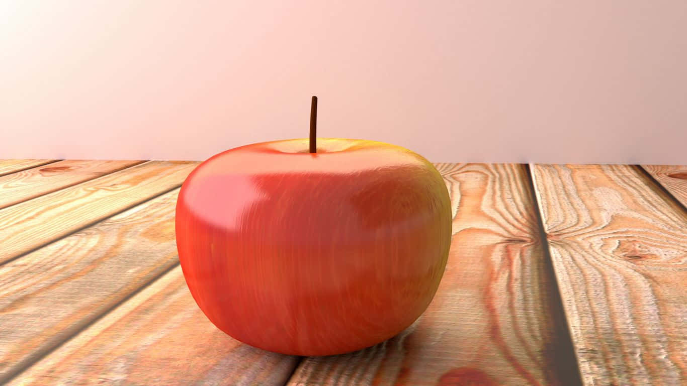 1366x768 Apple 桌布 壁紙 — 一個帶有短莖的光澤紅蘋果，放置在暖色調的木質表面上，背景是柔和的粉紅色。