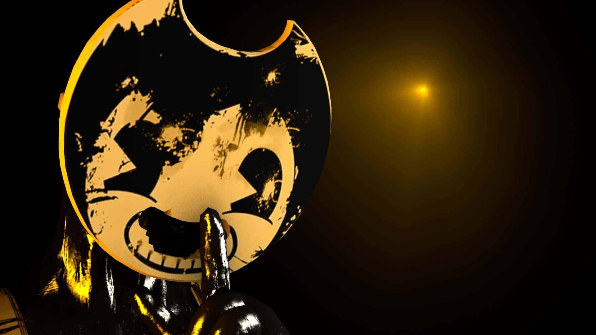 Bendy 桌布 壁紙 — 一個帶有破碎笑容和手指放在嘴唇上的威脅性黃黑卡通角色，在黑暗背景中發光。