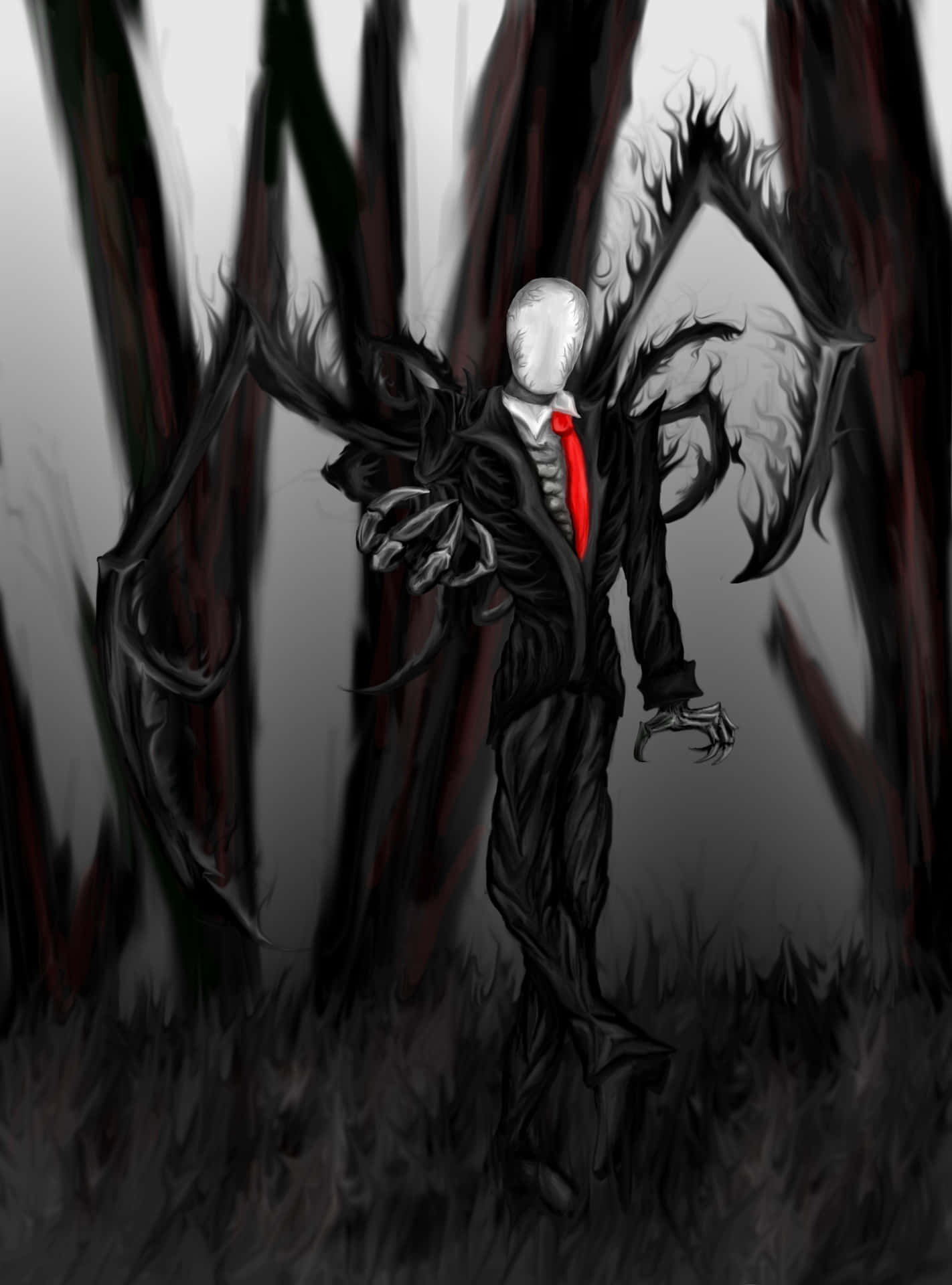 Creepypasta 桌布 壁紙 — 一個帶有空白白色面孔和黑色西裝的威脅性人形身影，站在一個有鋸齒狀樹幹和發光紅色領帶的黑暗森林中。