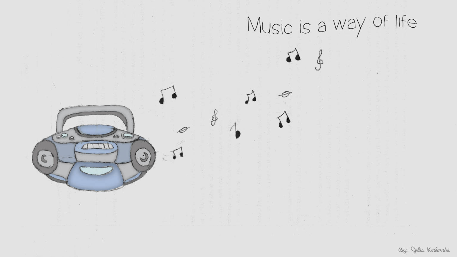 音樂 桌布 壁紙 — 一個帶有笑臉的卡通手提音響在純色背景上向文字「Music is a way of life」發出音符。