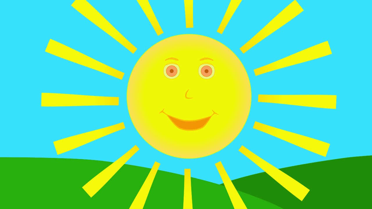太陽 桌布 壁紙 — 一個帶有笑臉的愉快卡通太陽在明亮的藍天下，在綠色山丘上散發出黃色光芒。