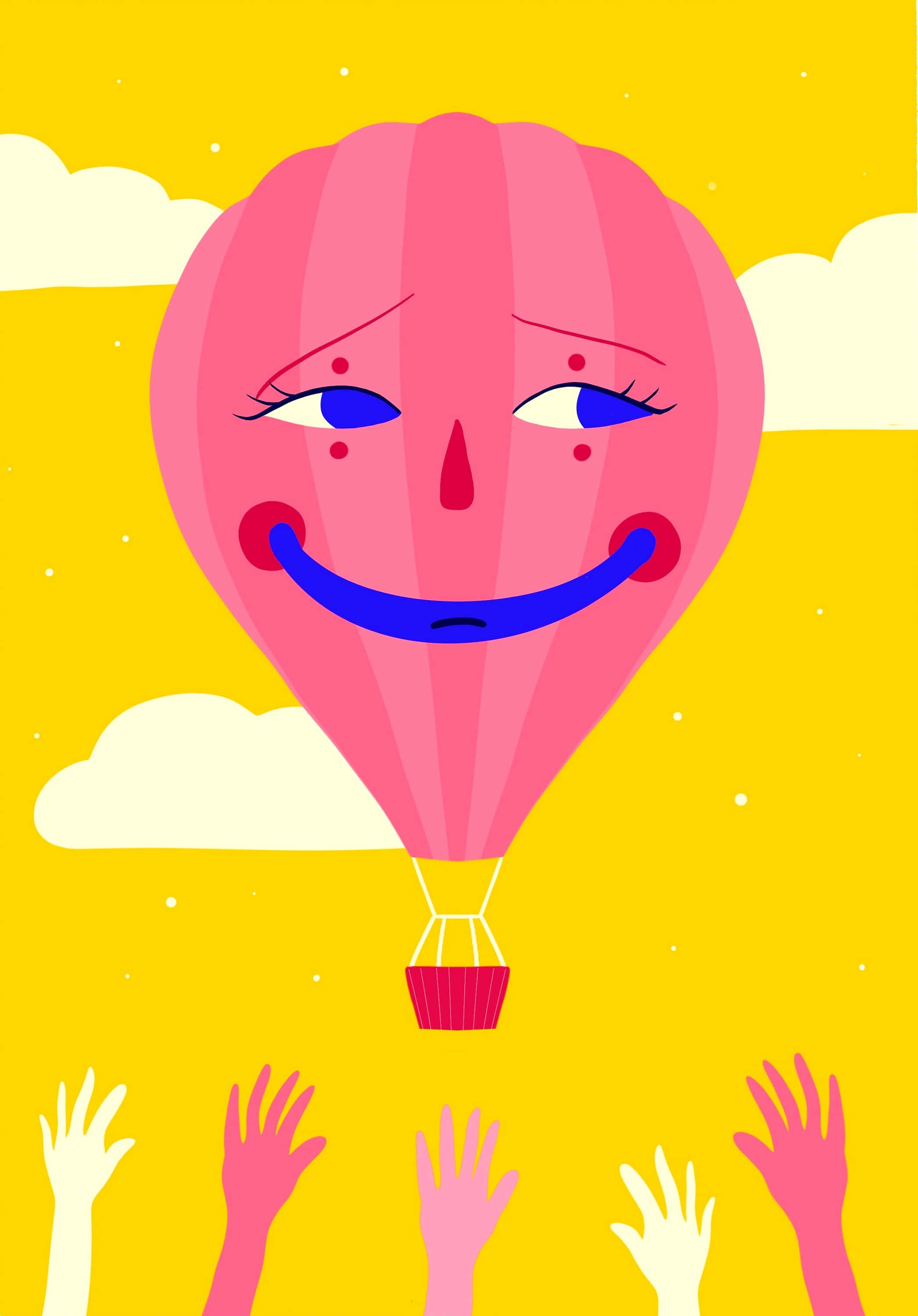 Hot Air Balloon 桌布 壁紙 — 一個帶有笑臉的粉紅色熱氣球在明亮的黃色天空中漂浮在揮動的手上方。
