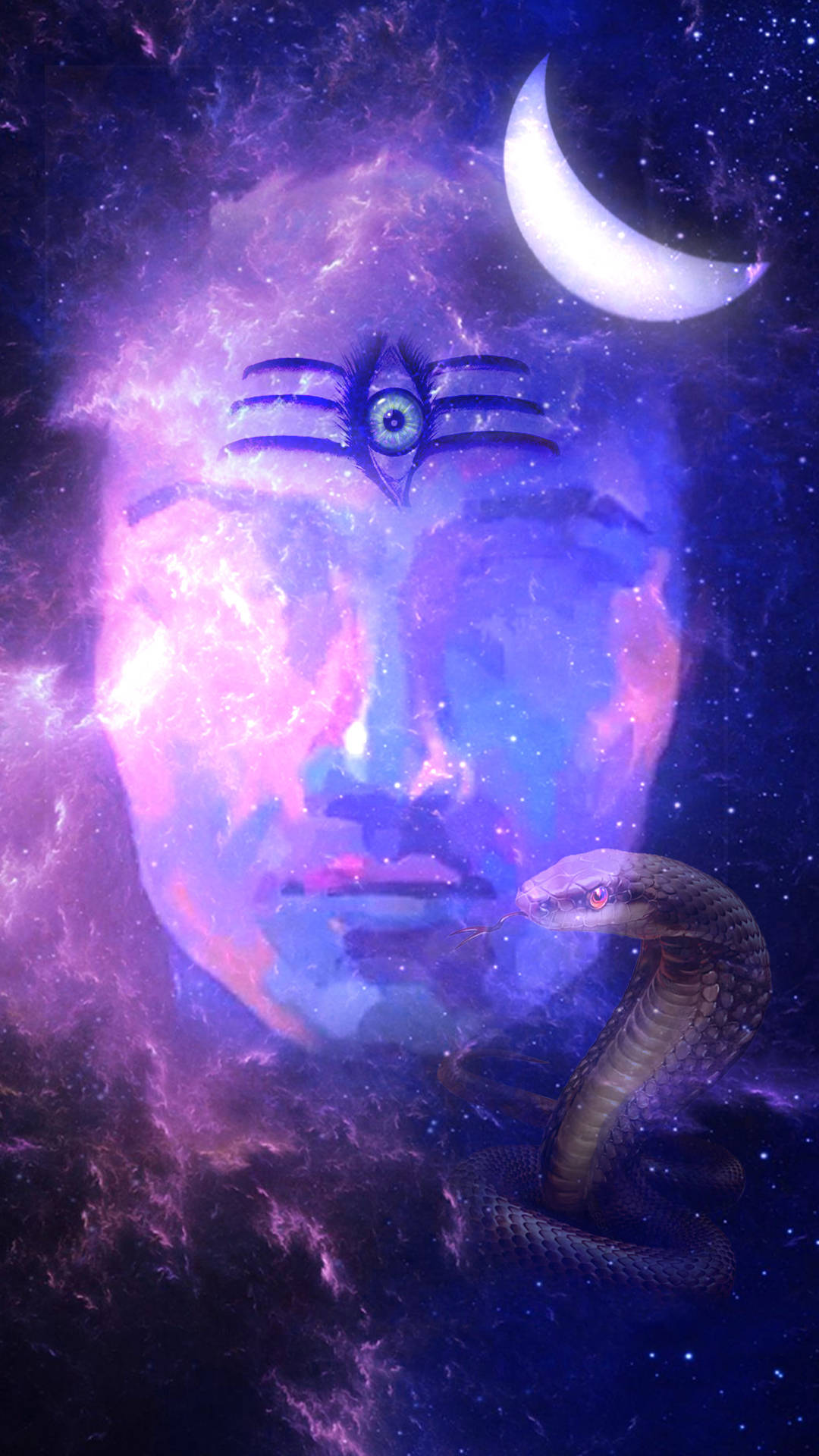 桌布 壁紙 — 一個帶有第三隻眼和彎月的宇宙面孔從紫色星雲中浮現，下方有一條蛇盤繞。