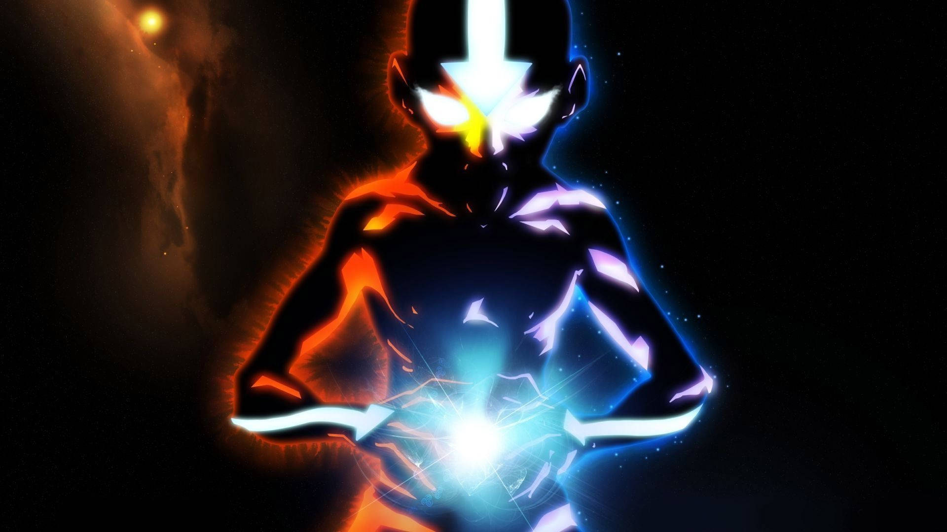 Airbender 桌布 壁紙 — 一個帶有箭頭標記的人物發光剪影，在宇宙虛空中引導火熱和冰冷能量。