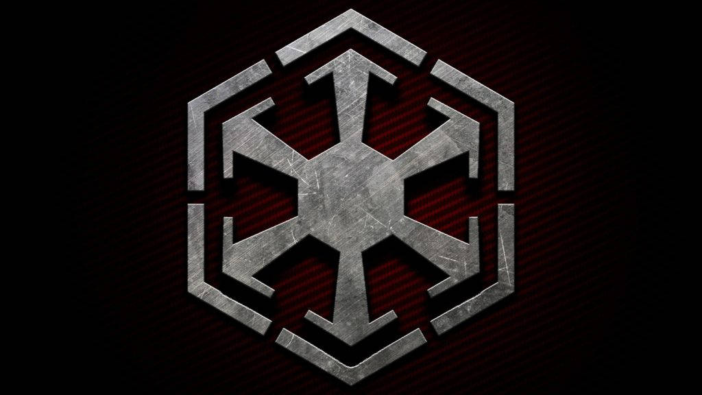 Star Wars Red 桌布 壁紙 — 一個帶有箭頭狀臂的金屬六角形徽章在深紅色紋理背景上發光。
