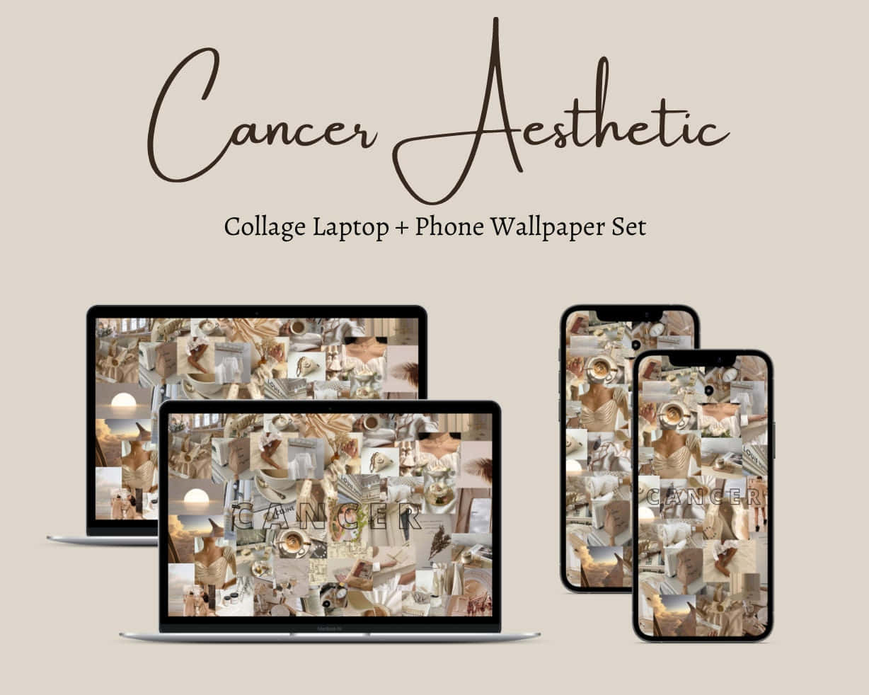 Cancer Aesthetic 桌布 壁紙 — 一個帶有米色和棕色色調及復古美學的拼貼桌布套裝，顯示在筆記型電腦和手機上。