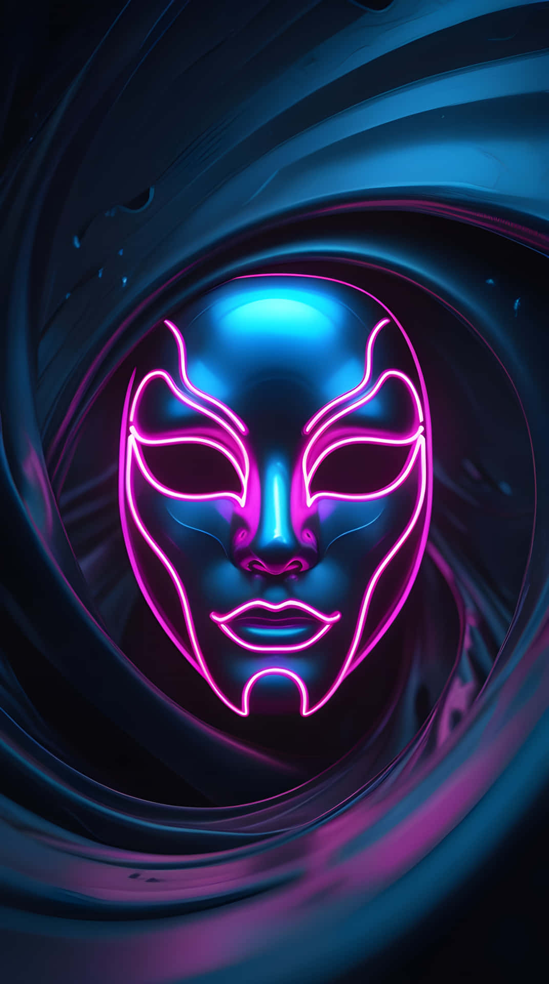 A black neon mask wallpaper 壁紙 — 一個帶有粉紅色和藍色輪廓的發光霓虹面具漂浮在旋轉的黑暗液體光隧道中。
