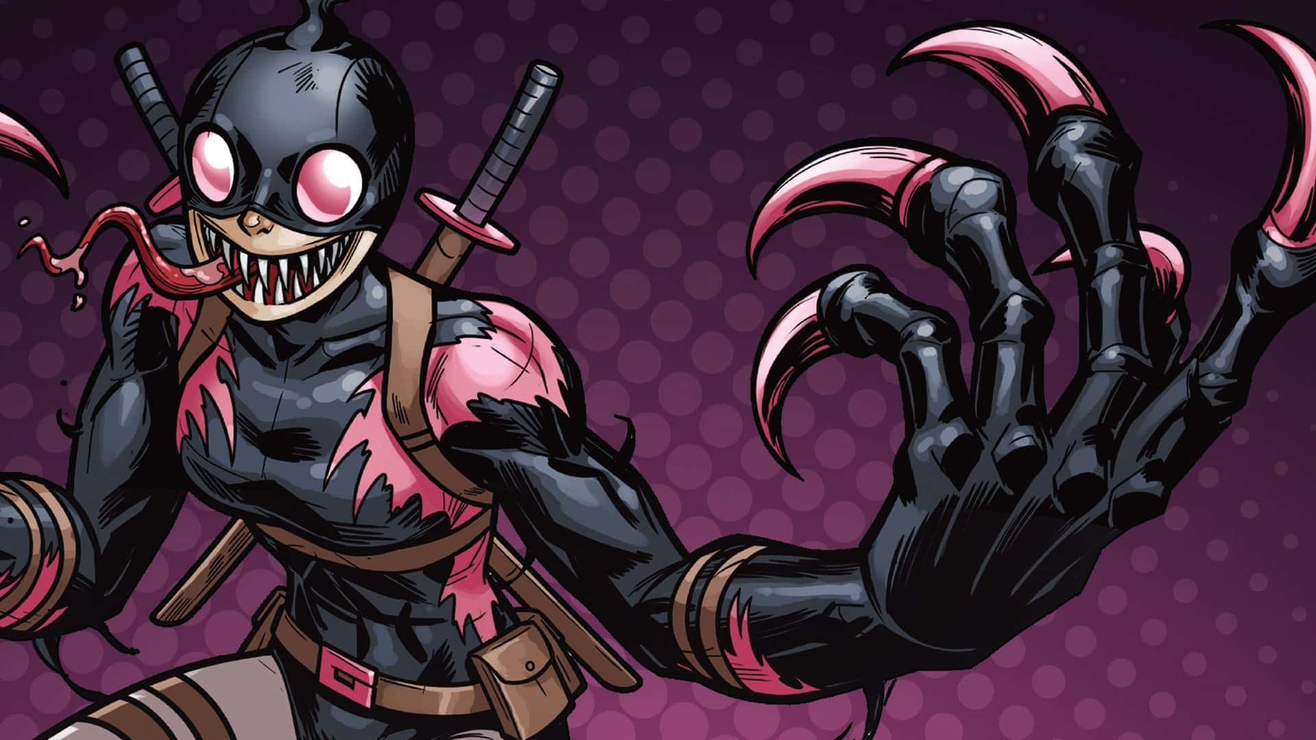 Venomverse 桌布 壁紙 — 一個帶有粉紅色發光眼睛和鋒利爪子的威脅性動漫風格角色，在紫色圓點背景前猛撲向前。