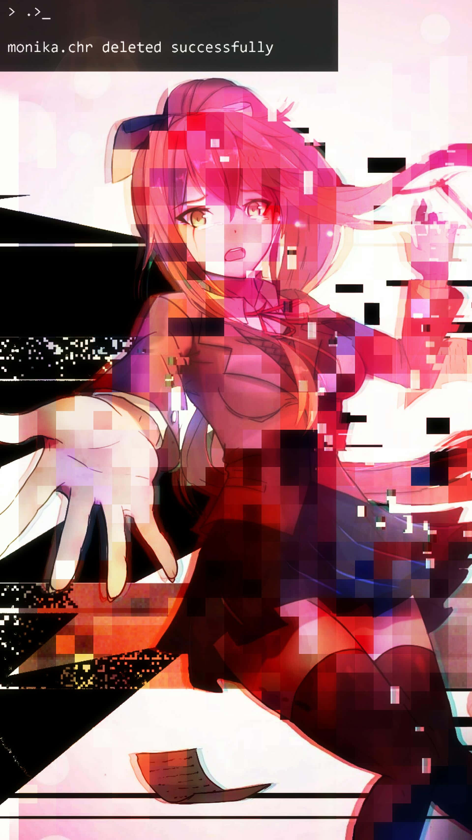 Doki Doki 桌布 壁紙 — 一個帶有粉紅色頭髮的故障動漫女孩，表情驚訝，被數位損壞和終端文字包圍。