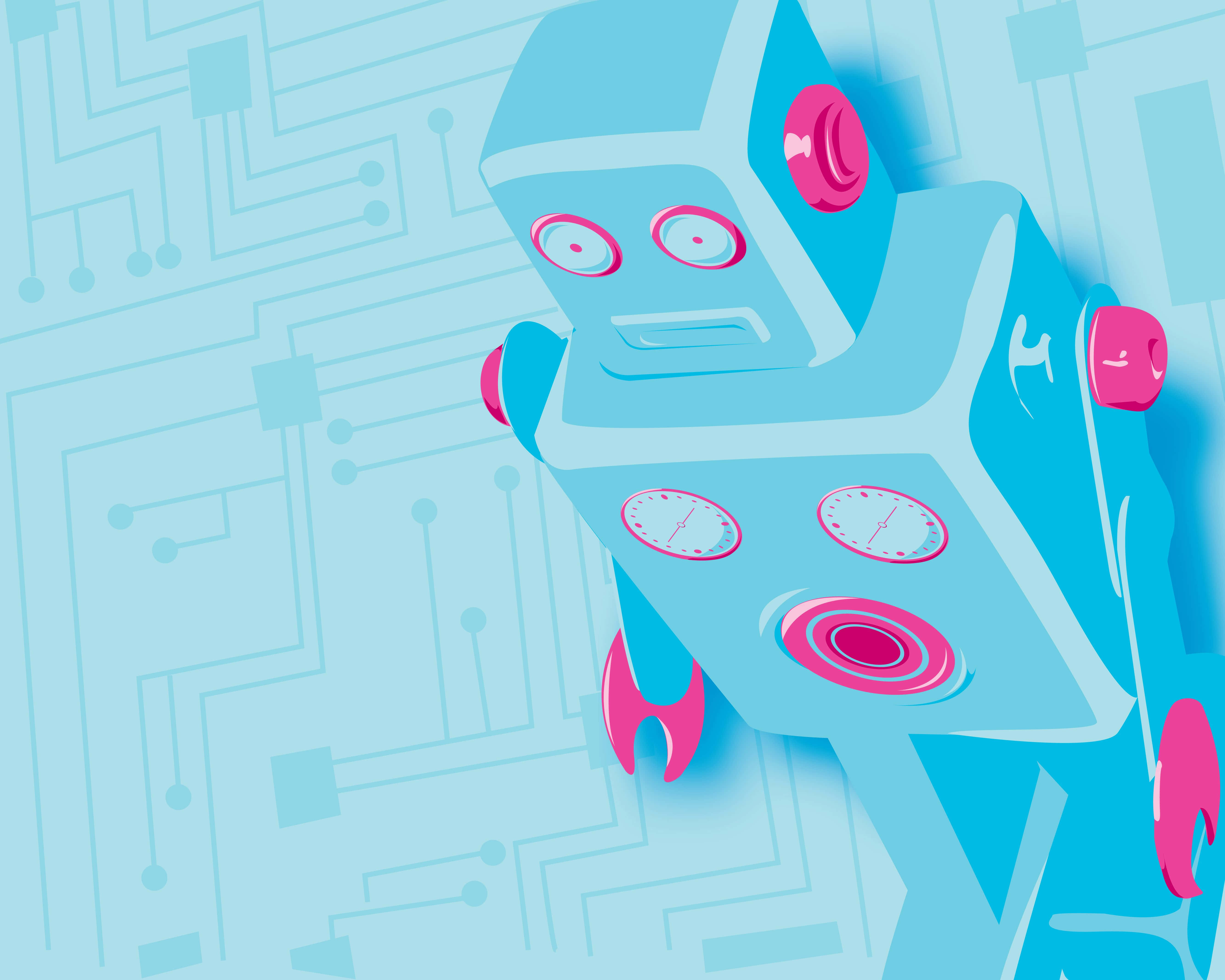 Cartoon Robot 桌布 壁紙 — 一個帶有粉紅色點綴的風格化藍色機器人，站在電路板圖案背景前。