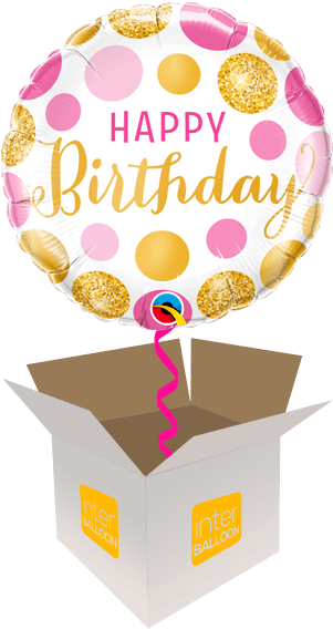 Happy Birthday Balloons 桌布 壁紙 — 一個帶有粉金色圓點和 'Happy Birthday' 文字的生日氣球從打開的紙箱中出現。