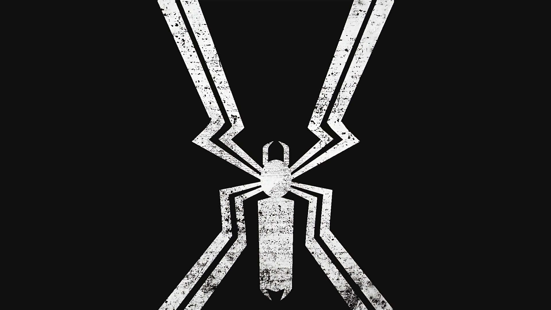 Venom Logo 桌布 壁紙 — 一個帶有粗線條幾何圖案的白色蜘蛛徽章，帶有磨損效果，居中放置在純黑色背景上。