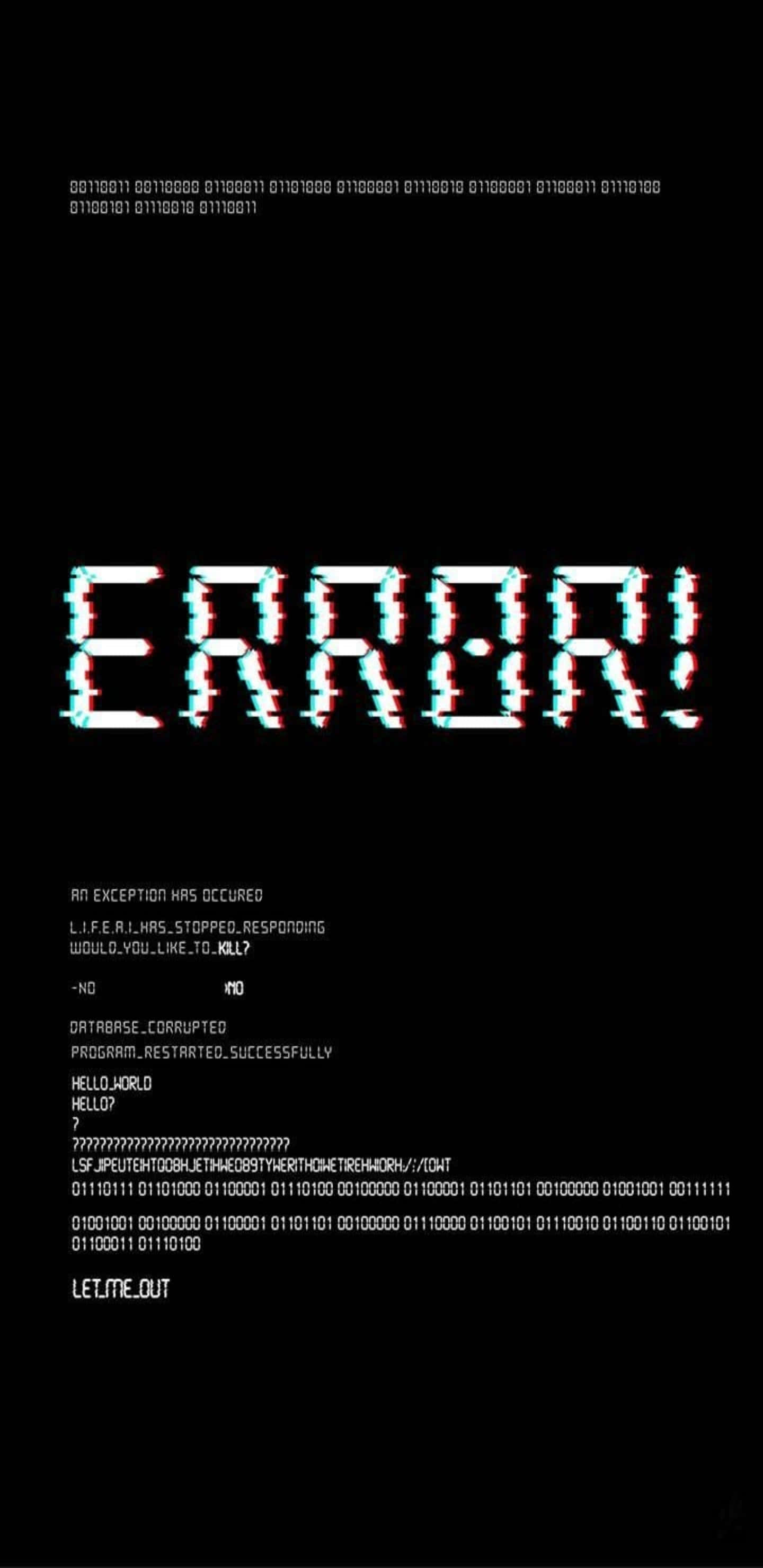 Pixel 3xl Programming 桌布 壁紙 — 一個帶有粗體像素文字和二進制代碼的故障數位錯誤畫面，背景為黑色。