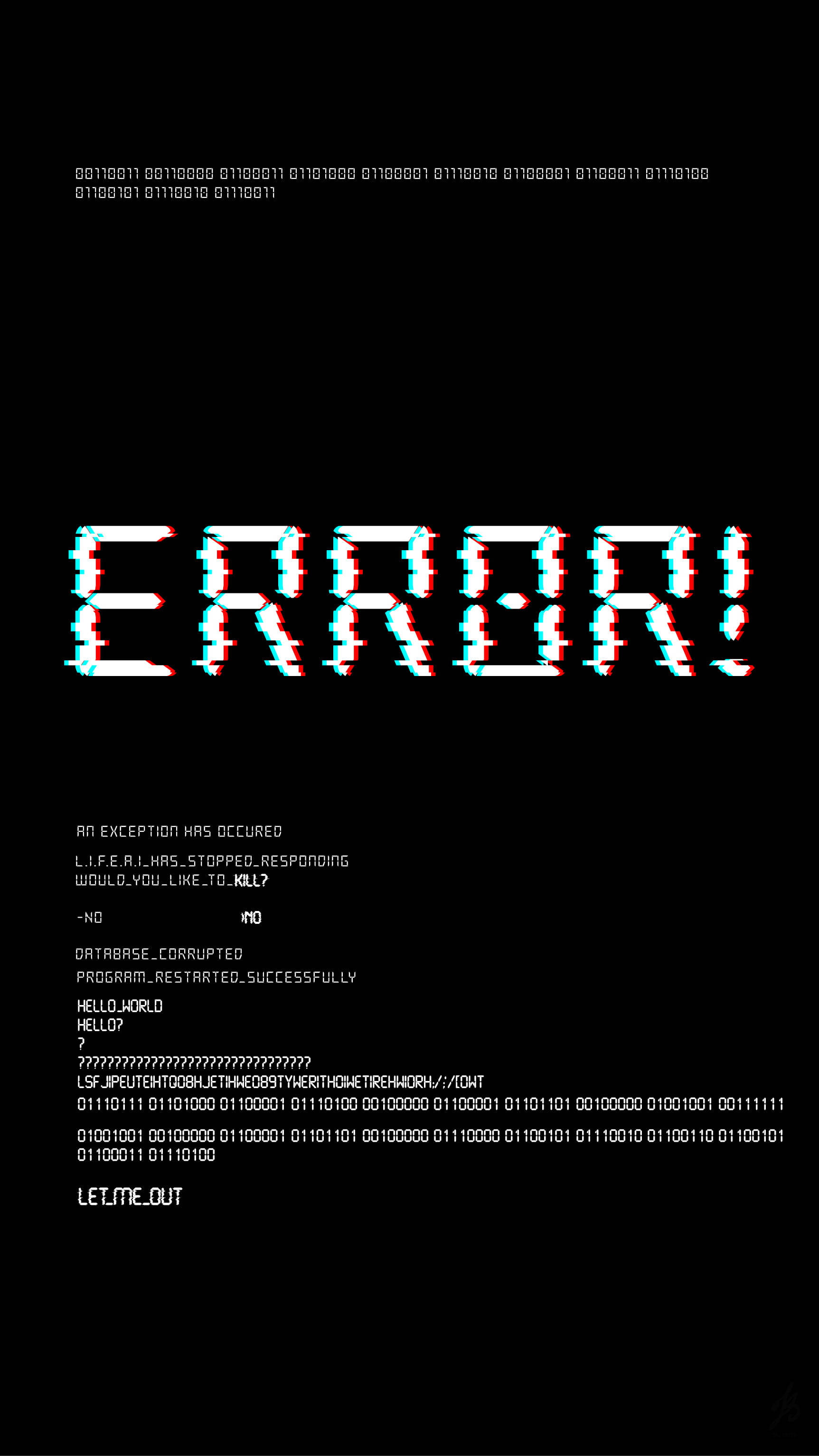 programming iPhone 桌布 壁紙 — 一個帶有粗體像素文字和二進制代碼的故障數位錯誤畫面，背景為黑色。