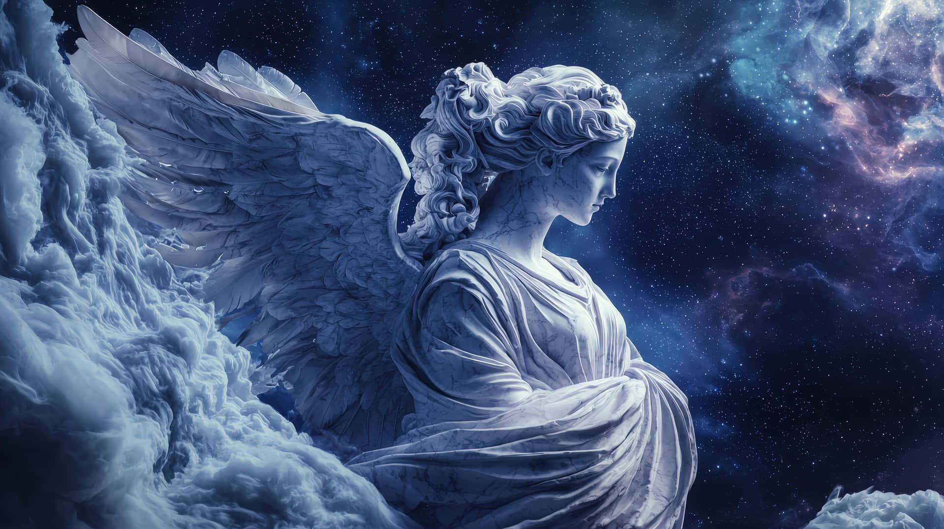 Graceful Marble Angel with Expansive Wings Emerging from Celestial Clouds in a Cosmic Dreamscape 壁紙 — 一個帶有精細翅膀的大理石天使寧靜地坐在雲端上，背景是充滿活力的宇宙星雲。