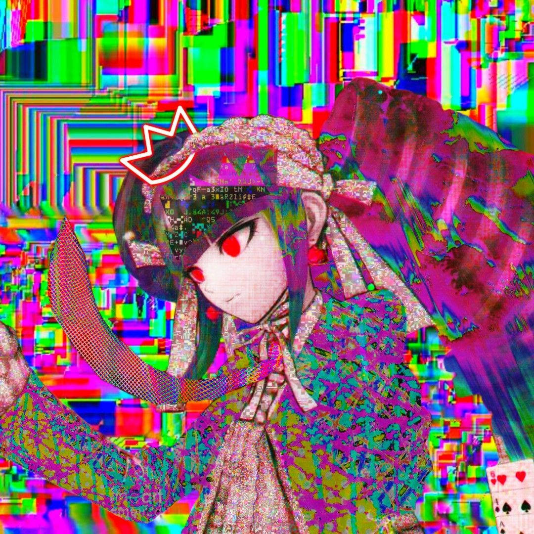 動漫女孩 桌布 壁紙 — 一個帶有紅眼和皇冠的故障藝術動漫女孩，身處充滿活力的數位扭曲和像素混亂之中。