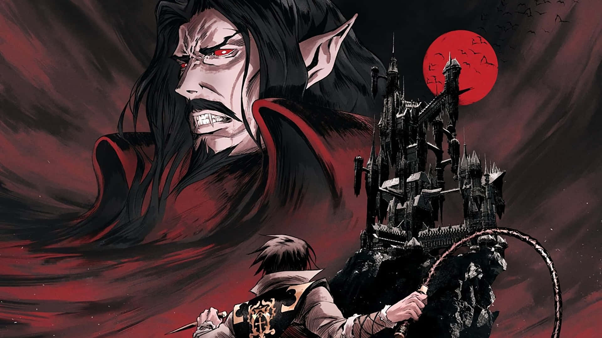 Castlevania 桌布 壁紙 — 一個帶有紅眼和黑髮的威脅性吸血鬼領主，在血紅色的月亮下籠罩著一座城堡，而一名戰士在下方挑釁地站立。