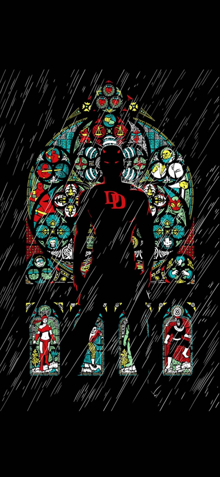 漫威 桌布 壁紙 — 一個帶有紅色「D」的人物黑色剪影，站在色彩繽紛的彩繪玻璃窗前，雨水如絲般流下。