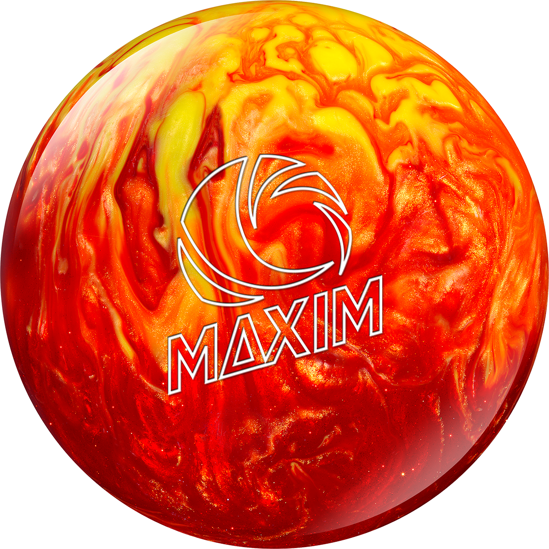 橘色 桌布 壁紙 — 一個帶有紅色、橙色和黃色漩渦圖案及白色「MAXIM」標誌的光澤保齡球。