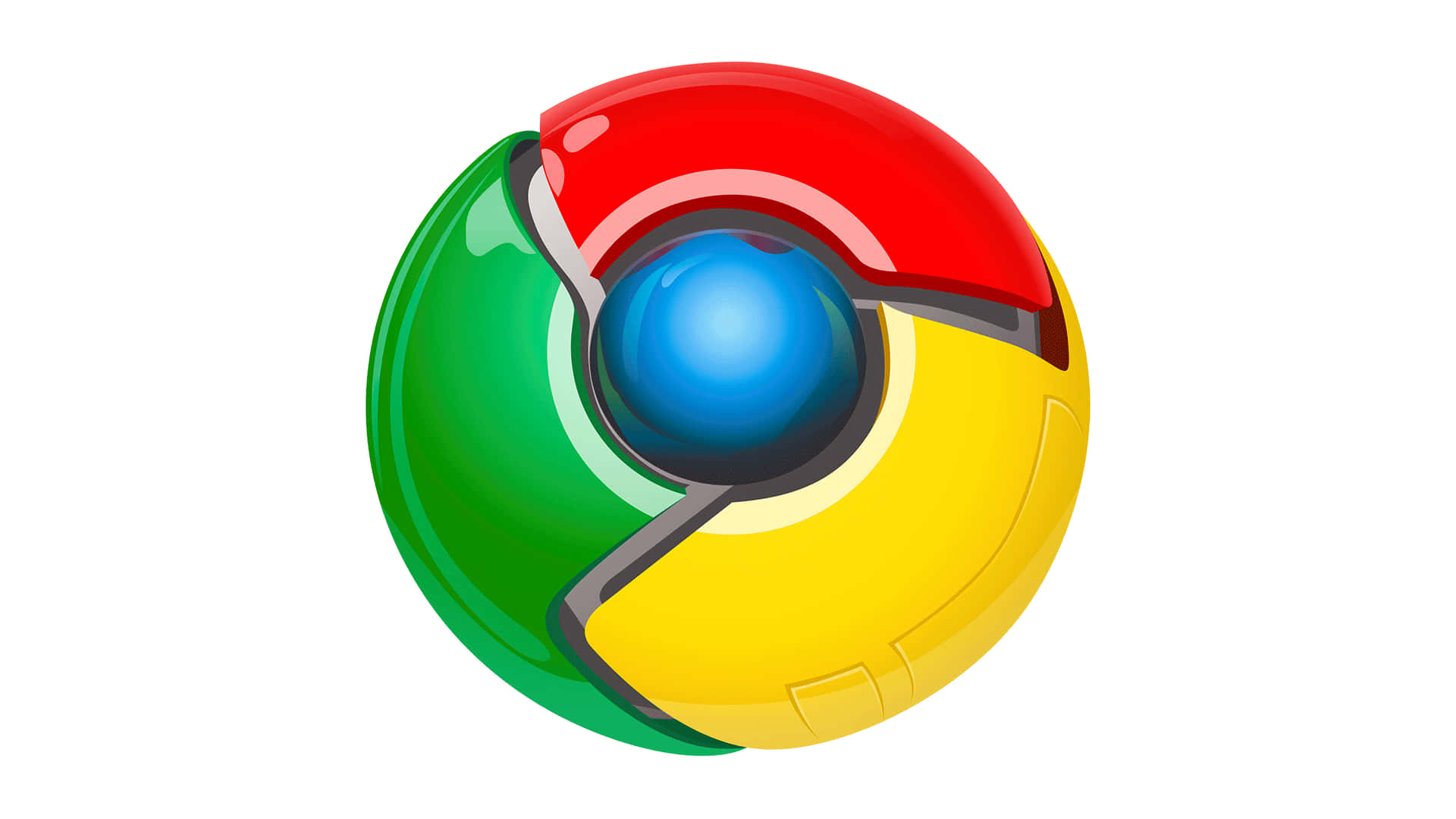 Chrome 桌布 壁紙 — 一個帶有紅色、綠色、黃色和藍色部分的亮面3D渲染Google Chrome標誌，背景為白色。