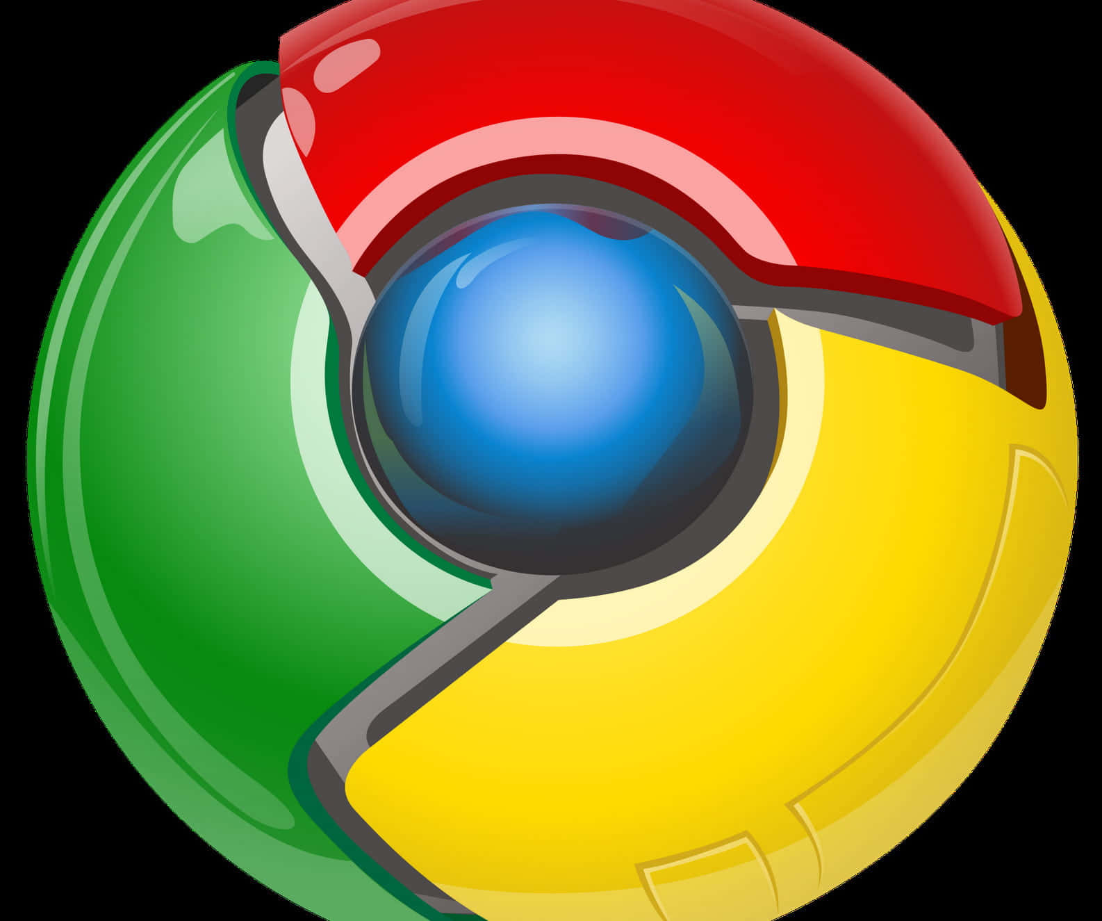 Google Chrome 桌布 壁紙 — 一個帶有紅色、綠色和黃色部分圍繞中央藍色球體的光澤Chrome瀏覽器標誌。