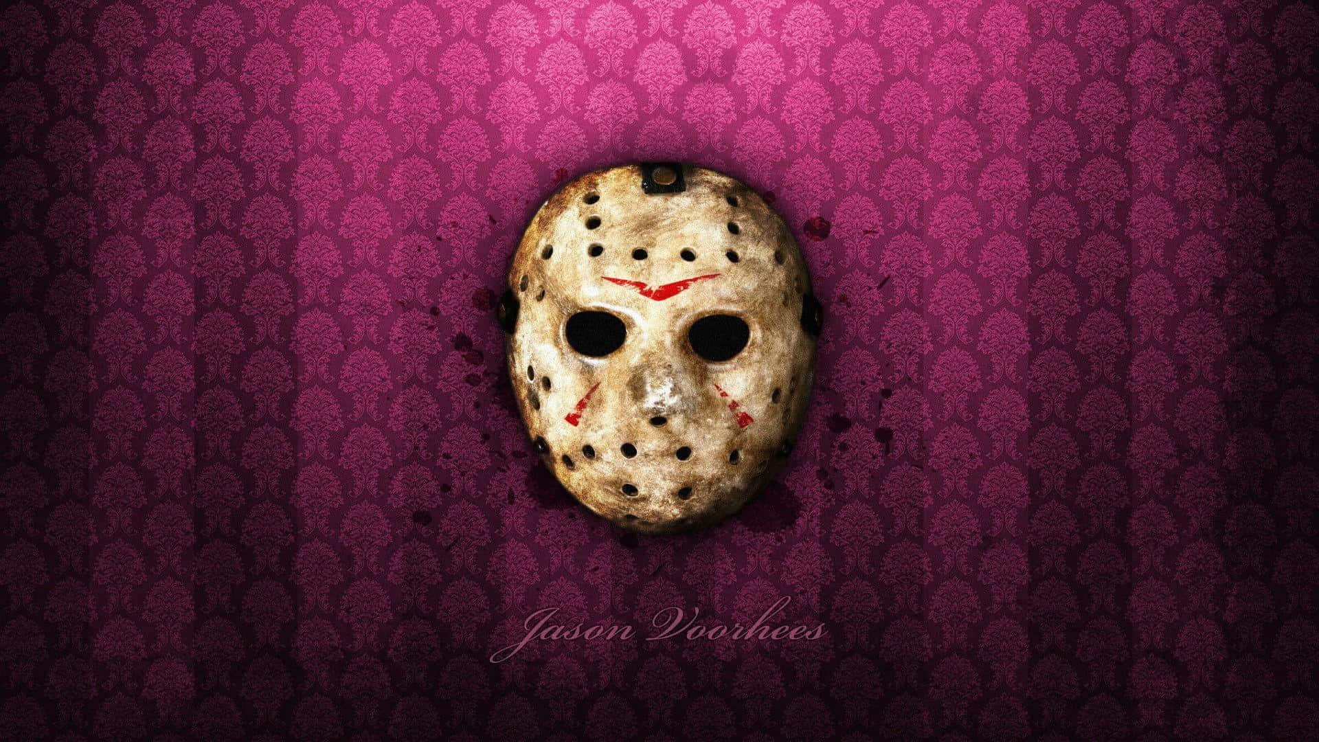 傑森·沃爾希斯 桌布 壁紙 — 一個帶有紅色劃痕的破舊曲棍球面具掛在深紫色錦緞壁紙上。