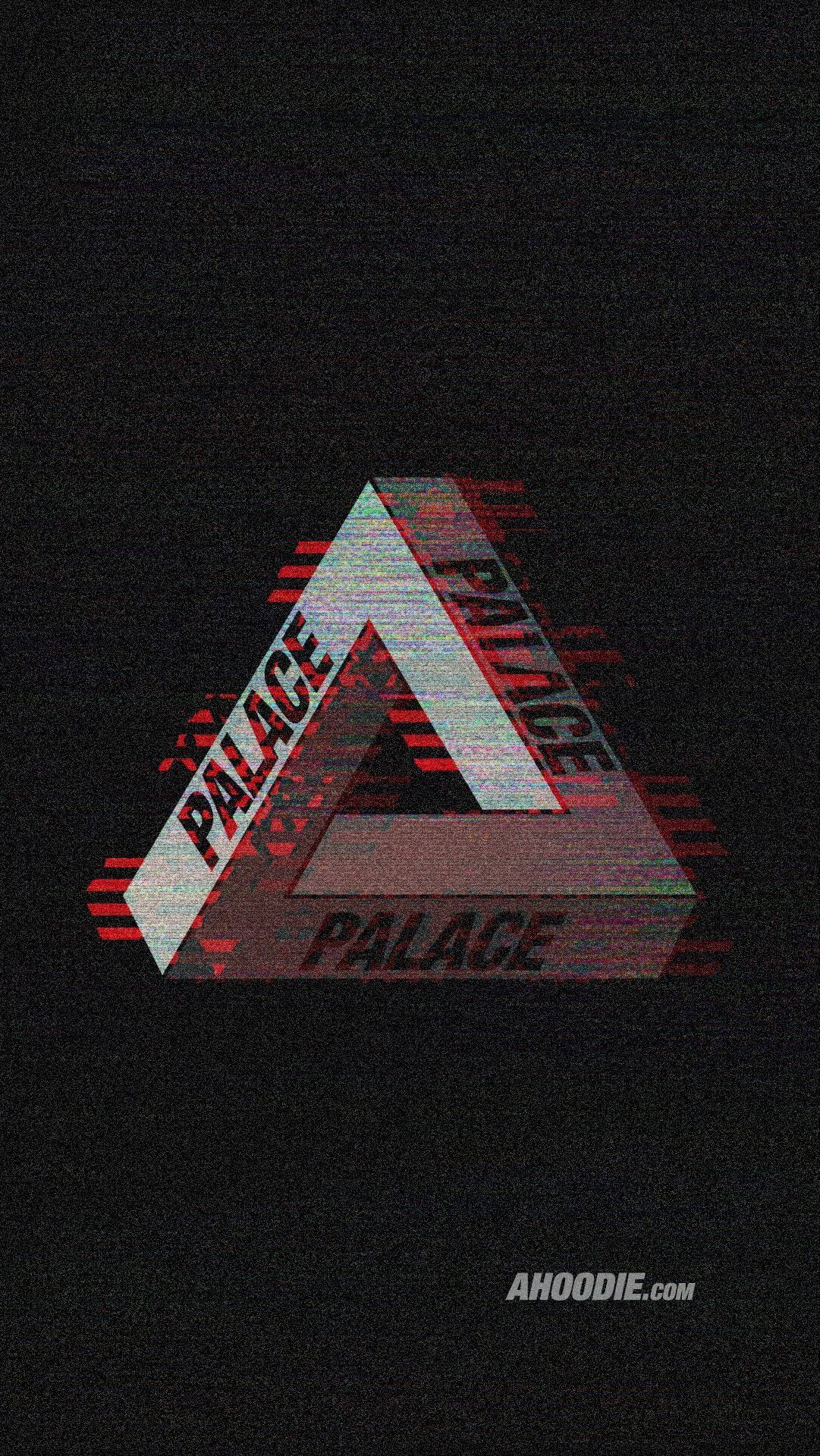 故障 桌布 壁紙 — 一個帶有紅色和白色條紋的故障Palace Skateboards標誌三角形，位於黑色紋理背景上。