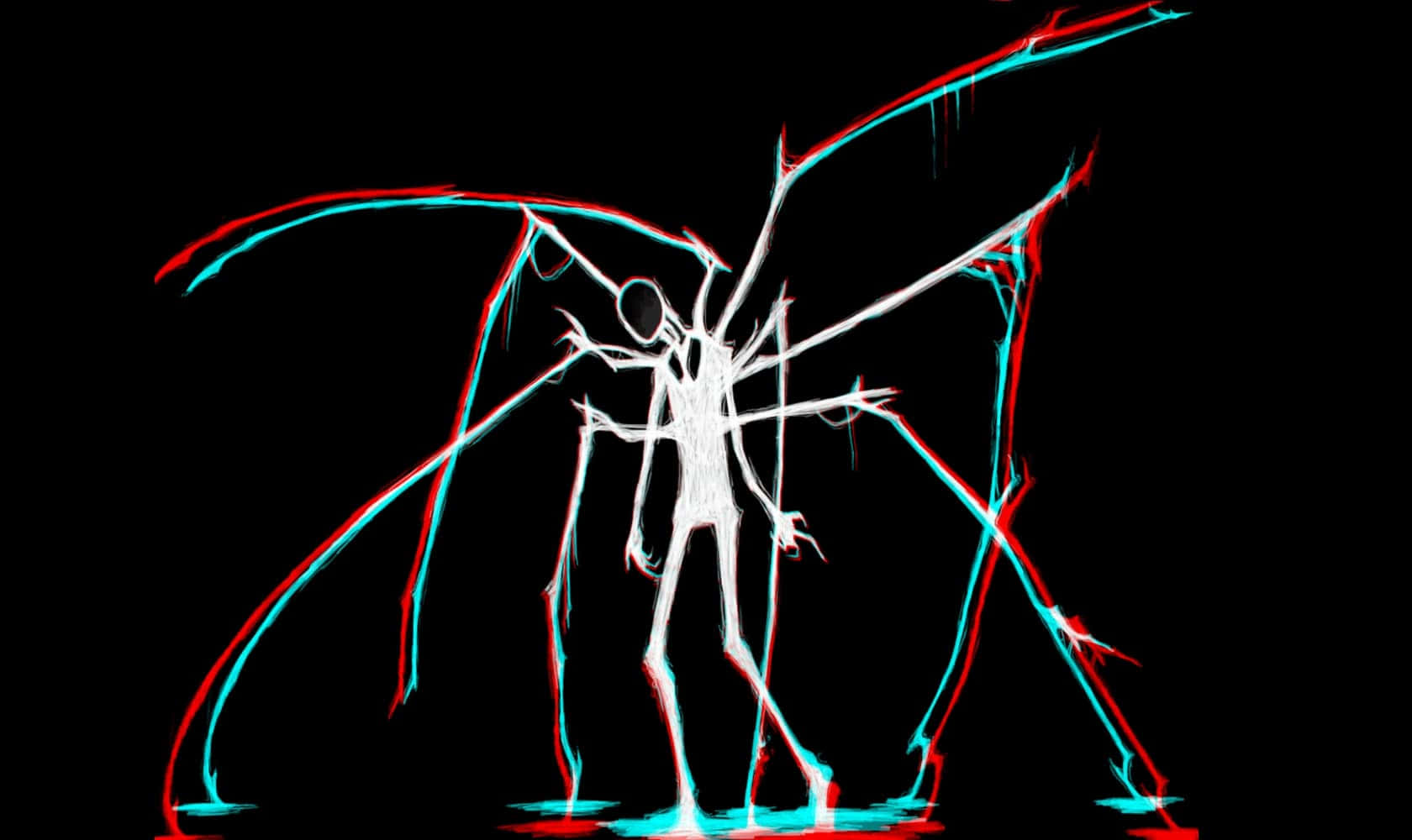 Creepypasta 桌布 壁紙 — 一個帶有紅色和青色發光肢體的故障白色骷髏形象站在黑色背景前。