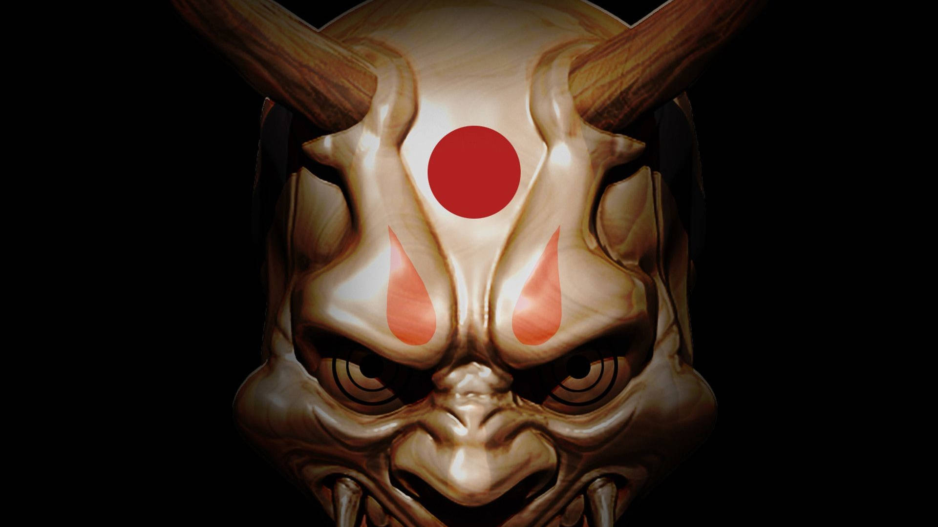 Oni 桌布 壁紙 — 一個帶有紅色圓形和淚滴狀標記的威嚇性木製日本鬼面具，在黑色背景上發光。