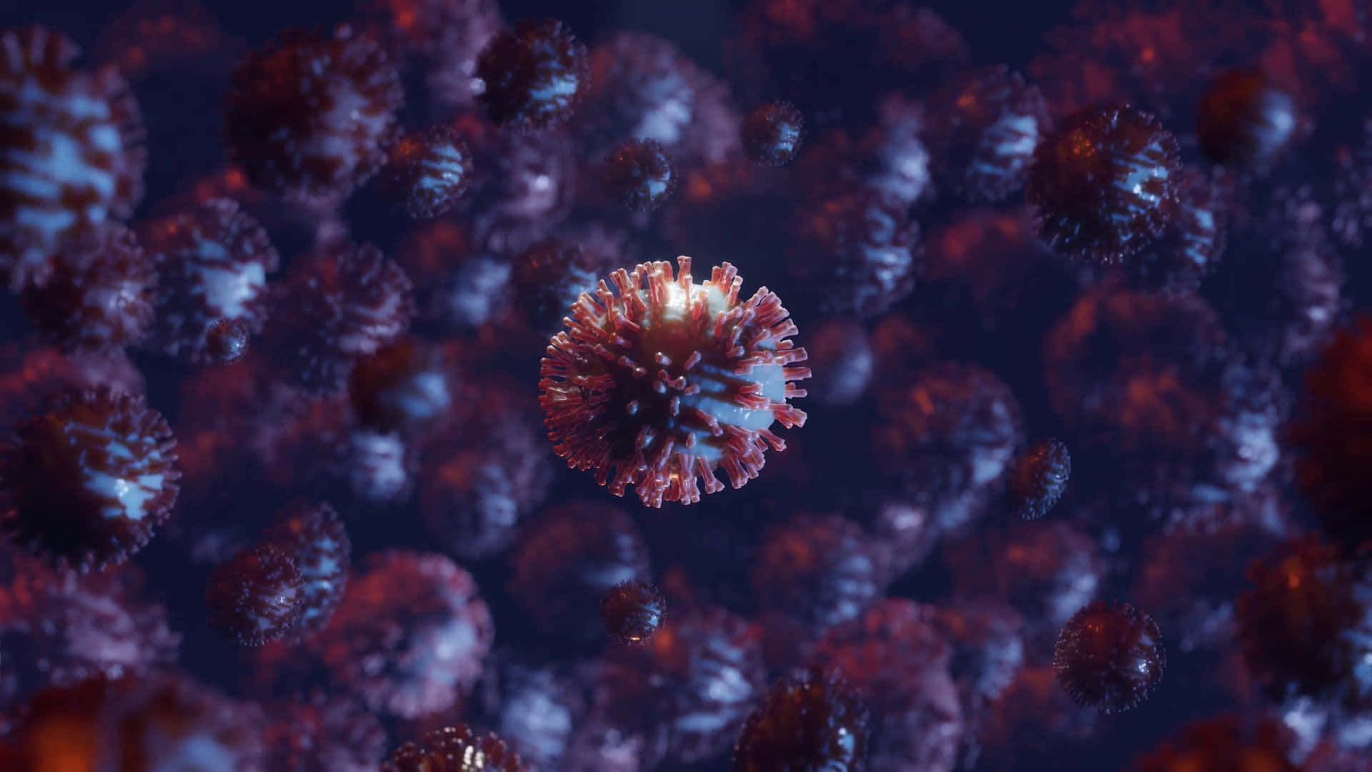 Coronavirus 桌布 壁紙 — 一個帶有紅色尖刺狀突起的單一發光病毒粒子，漂浮在類似粒子的黑暗場域中。