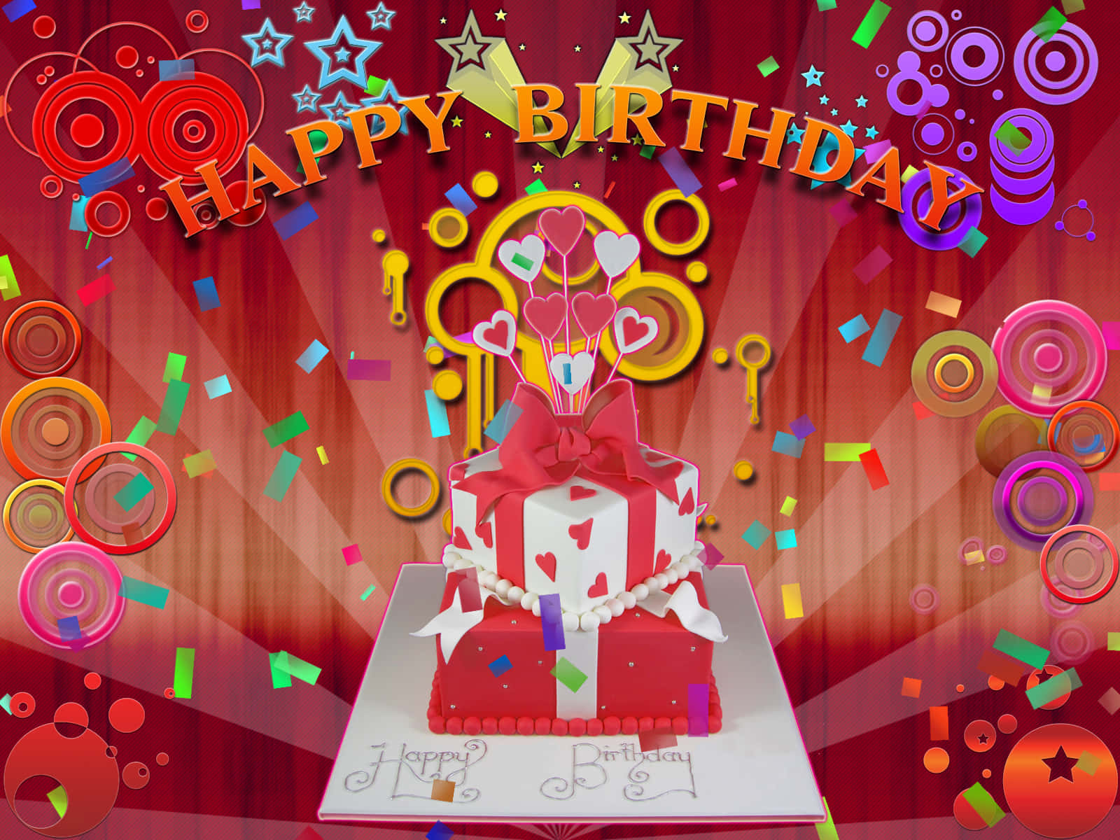 High Resolution Happy Birthday 桌布 壁紙 — 一個帶有紅色心形和蝴蝶結的節日生日蛋糕，位於「HAPPY BIRTHDAY」文字下方，周圍環繞著彩色紙屑和漩渦圖案。